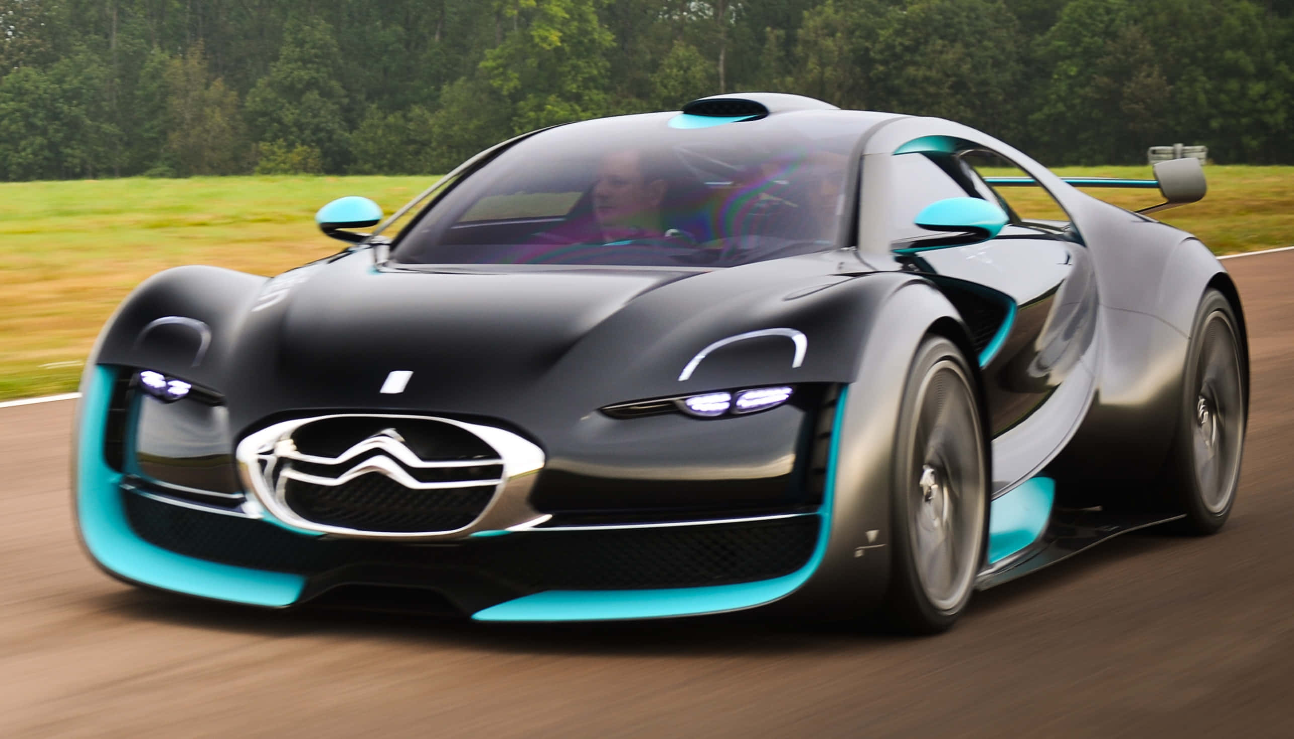 Citroen DS Survolt, black and teal, winding road, 2K Desktop Wallpaper