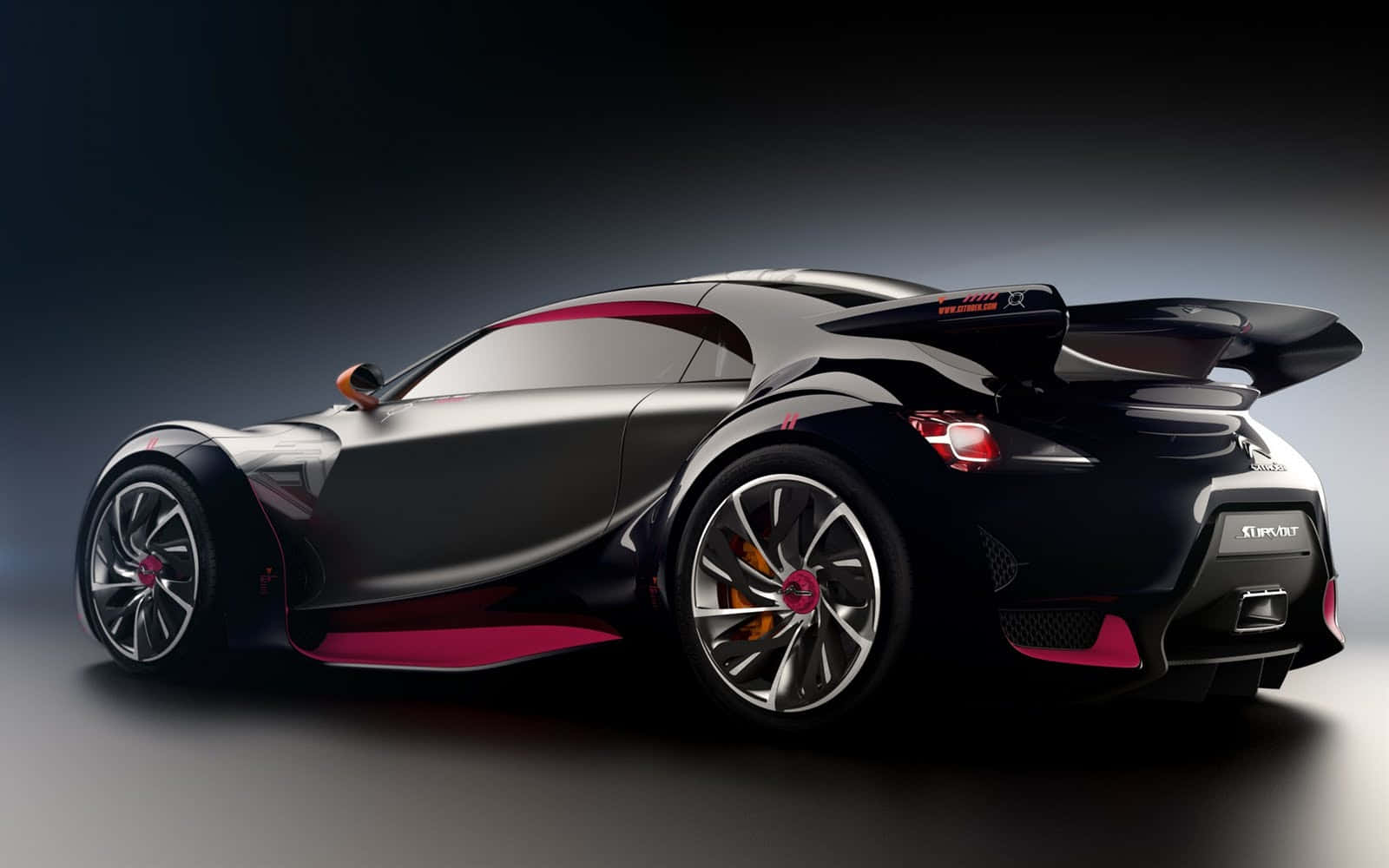 Citroen Ds Survolt, sleek black and magenta sports car, large rear wing, HD Desktop Wallpaper