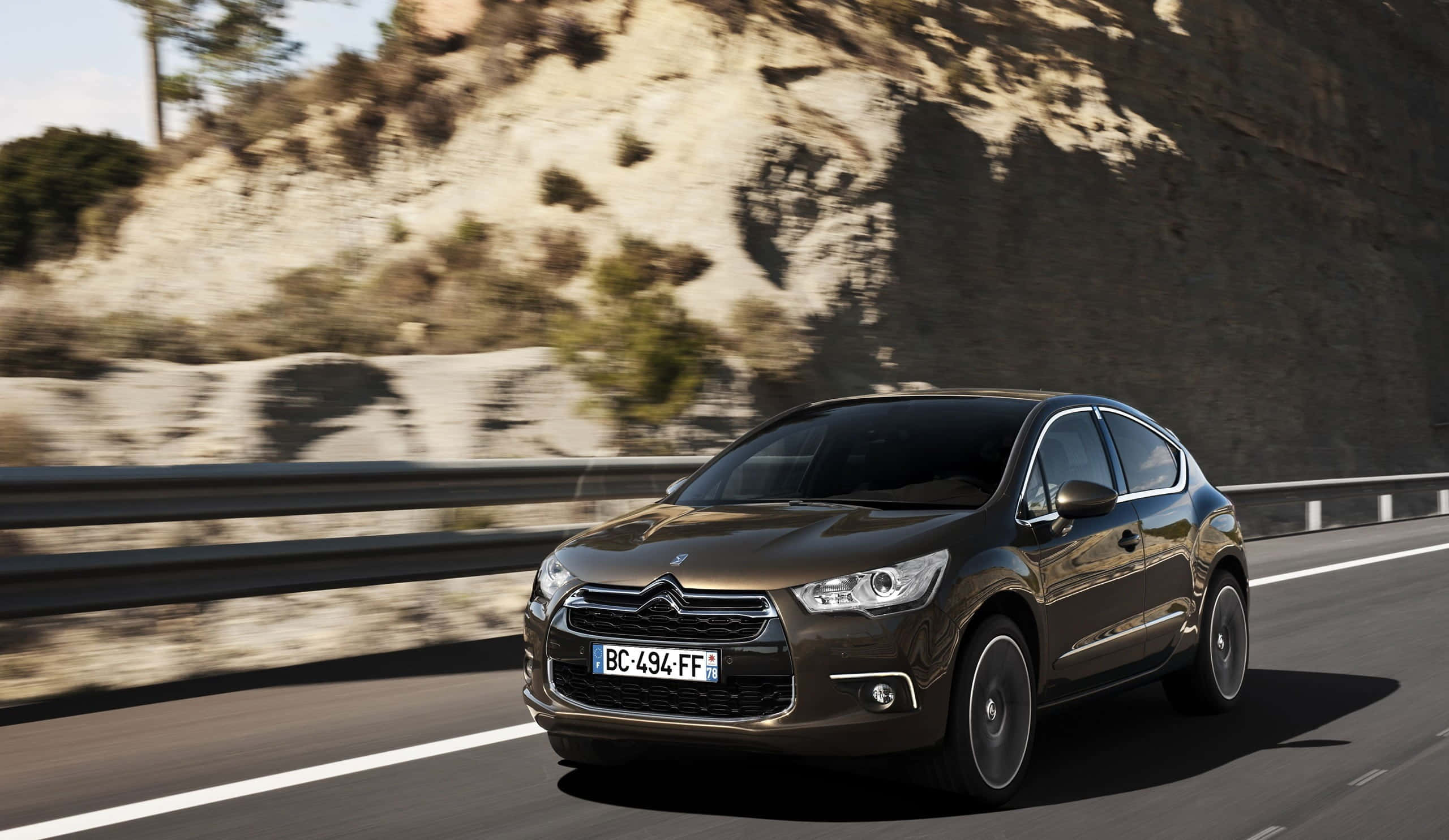 Citroen DS4, brown, sunlit mountain road, 2K Desktop Wallpaper