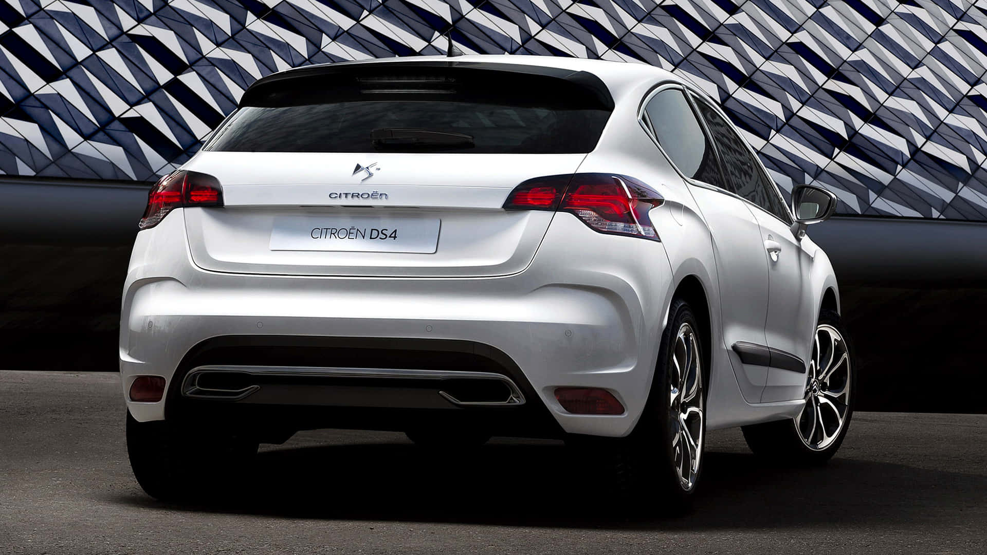 Citroen DS4, sleek silver, geometric blue and white wall, Full HD Desktop Wallpaper