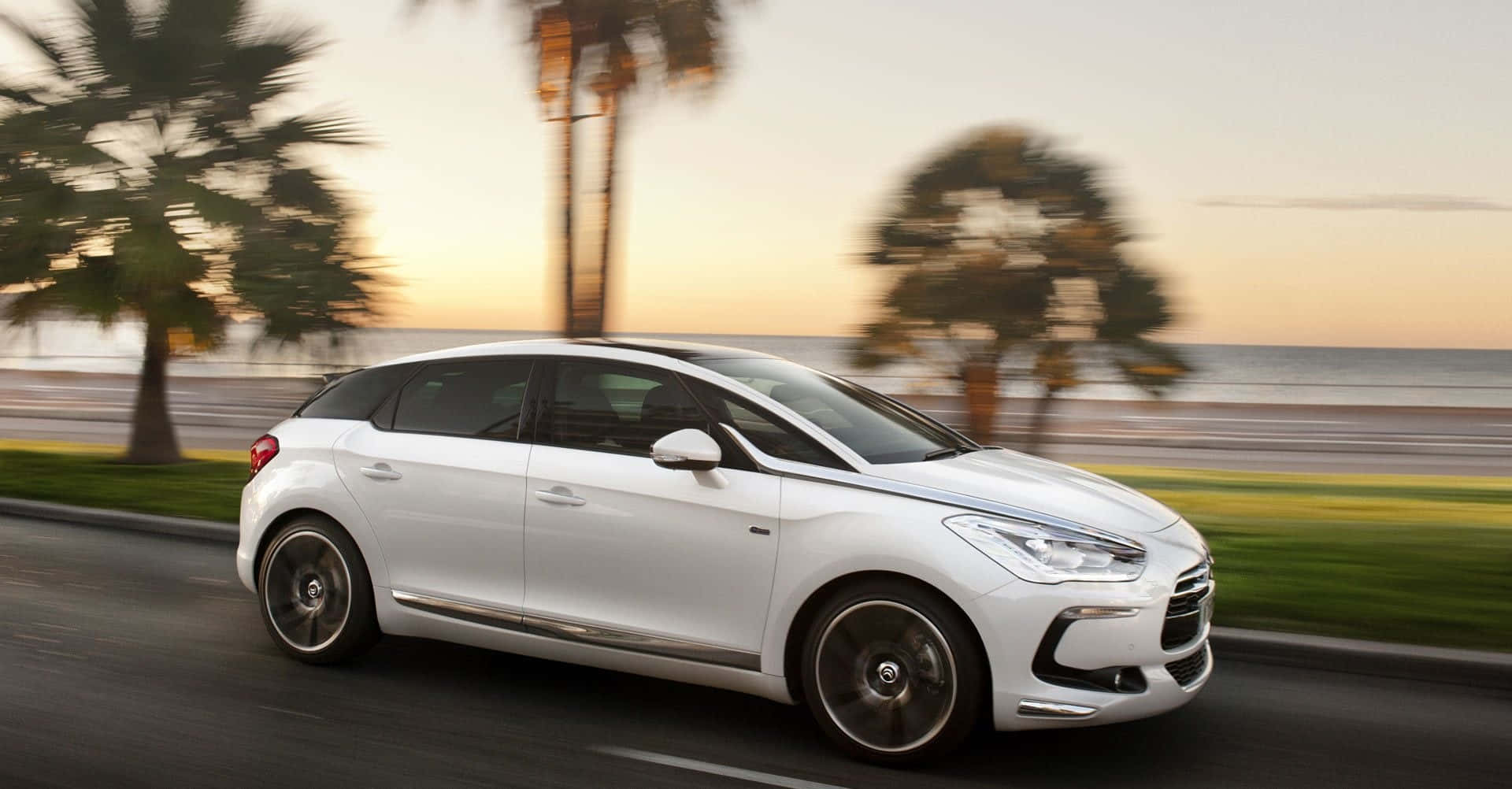 Citroen DS5, sleek white hatchback, coastal road, Full HD Desktop Wallpaper