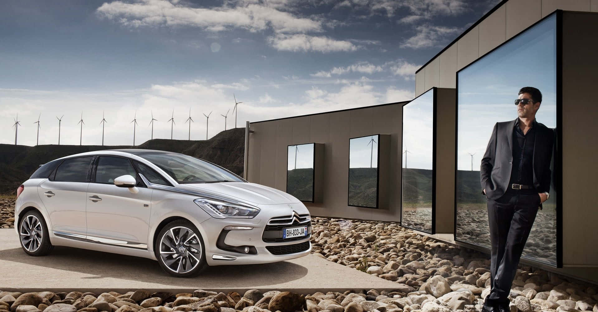 Citroen DS5, silver, modern glass building, Full HD Desktop Wallpaper