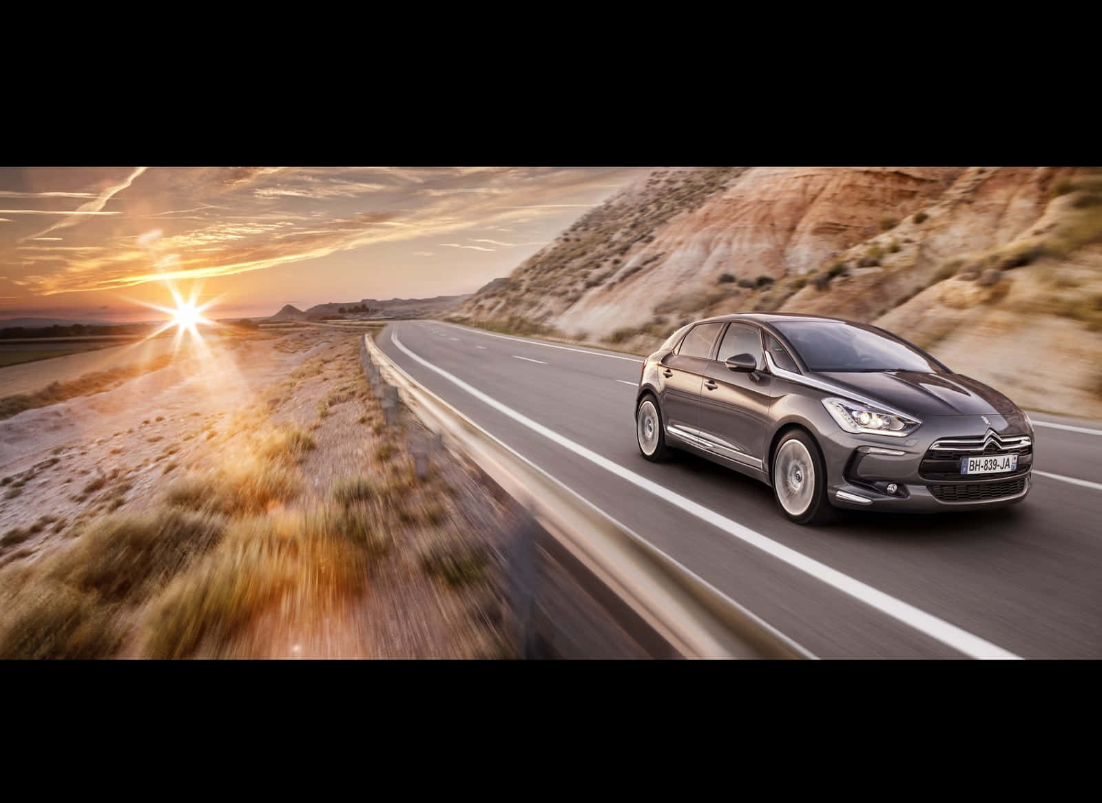 Citroen Ds5, sleek gray car, winding desert road, HD Desktop Wallpaper