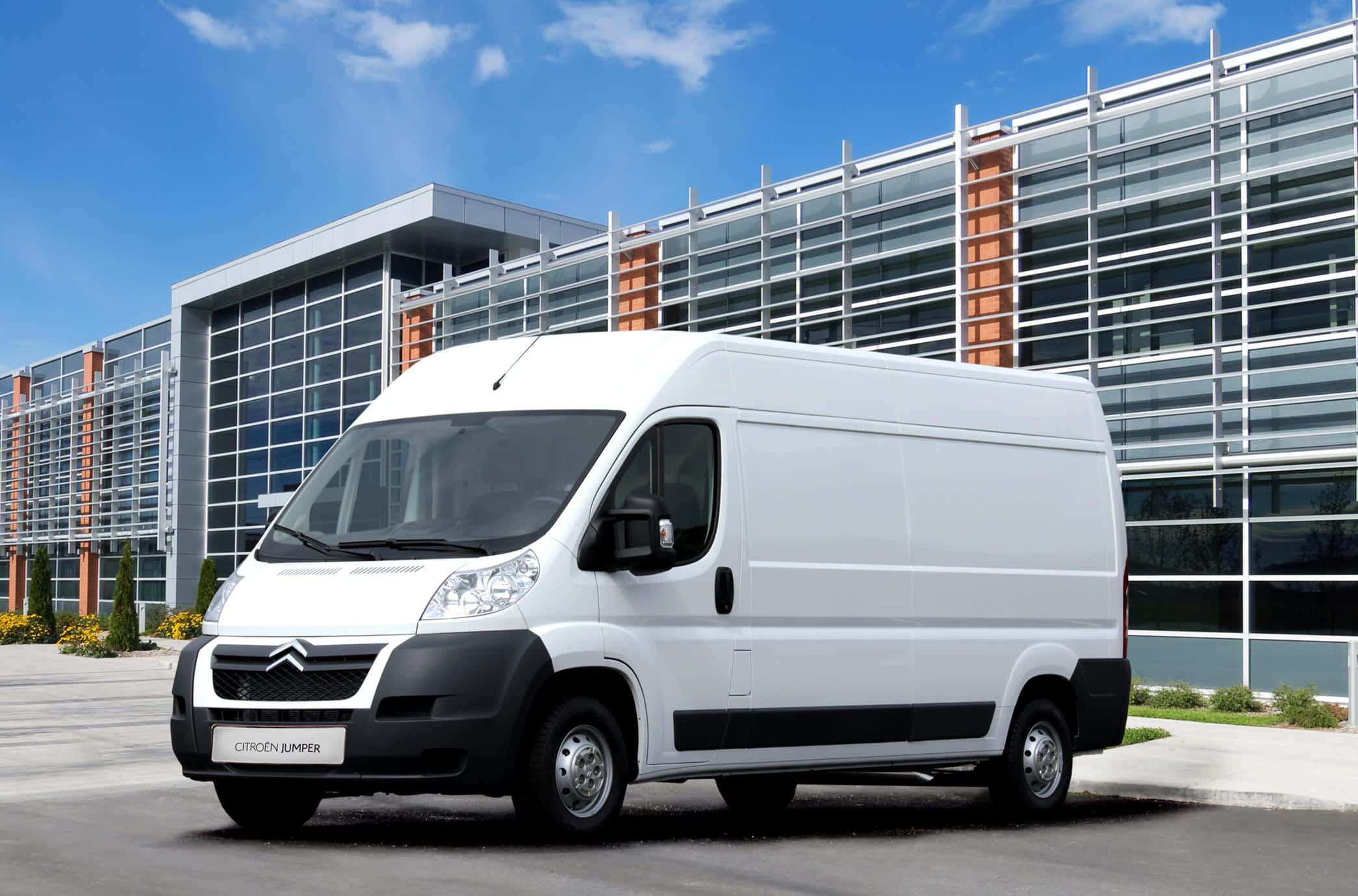 Citroen Jumper, pristine white, modern glass and steel office building, Full HD Desktop Wallpaper
