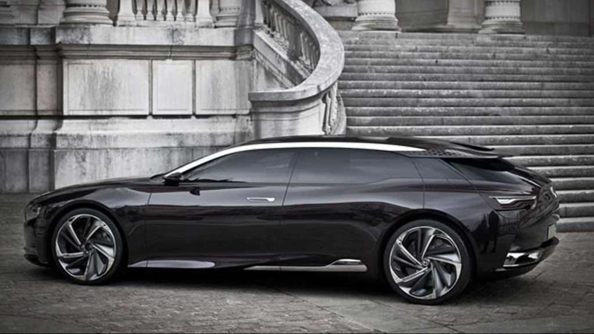 Citroen Numero 9 Concept, sleek black luxury station wagon, grand stone stairs, Full HD Desktop Wallpaper