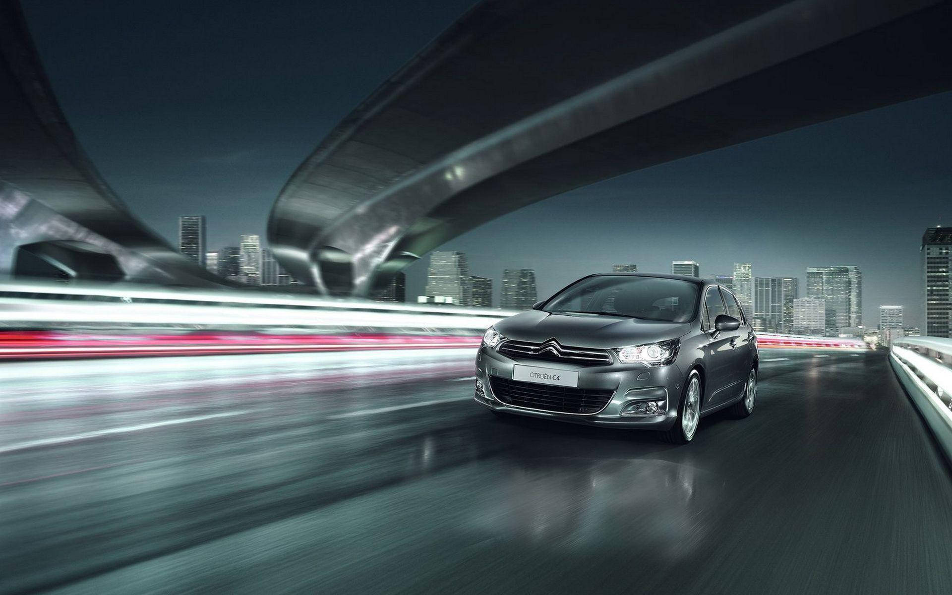 silver Citroën C4, futuristic city, night, Full HD Desktop Wallpaper