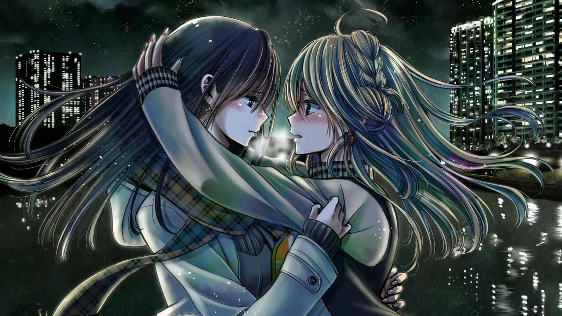 Citrus Anime, starry night sky, glowing city skyscrapers, Full HD Desktop Wallpaper