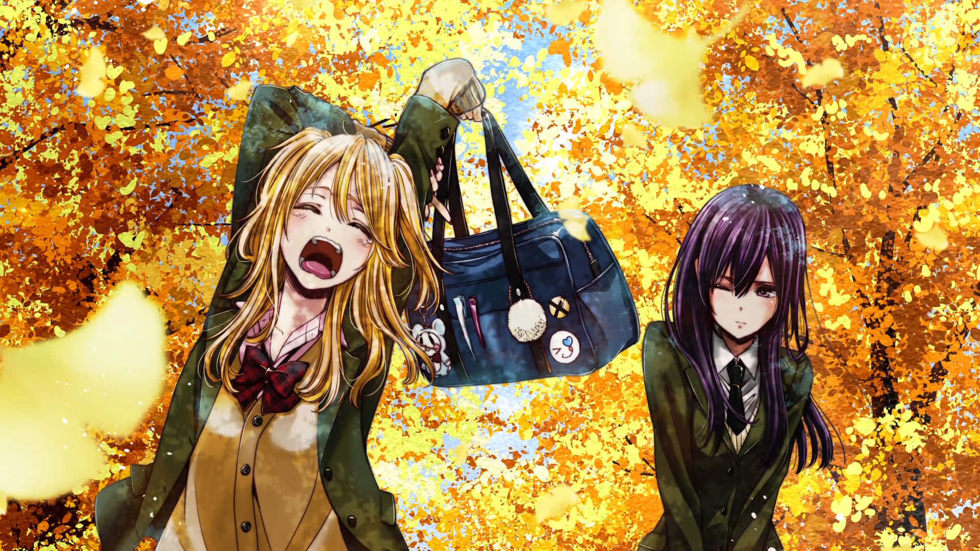 Citrus Anime, school uniforms, vibrant golden autumn forest, Full HD Desktop Wallpaper