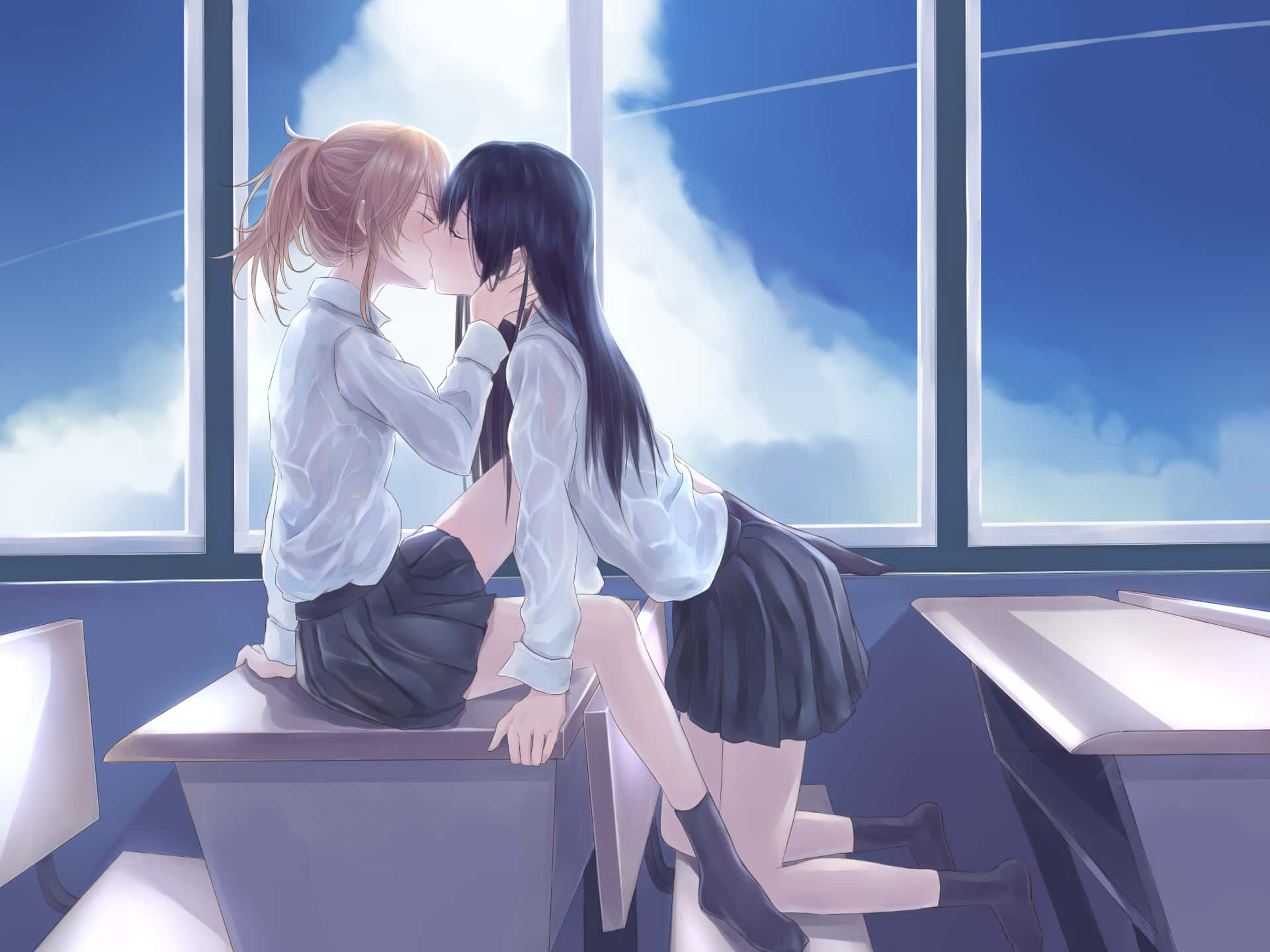 Citrus Anime, school uniforms, kiss passionately, Full HD Desktop Wallpaper