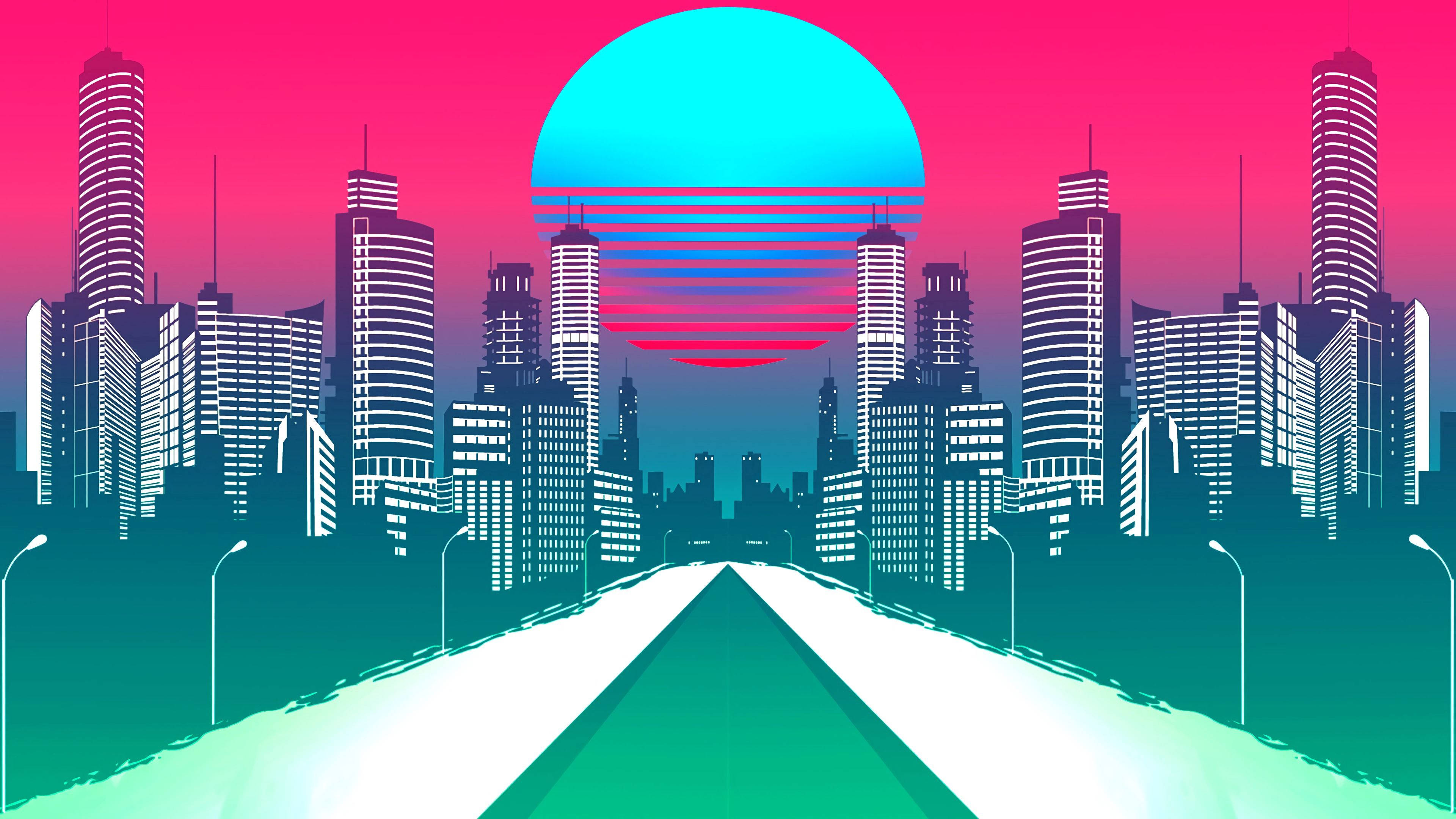 synthwave city, retrowave moon, glowing cyan sun, 4K Desktop Wallpaper