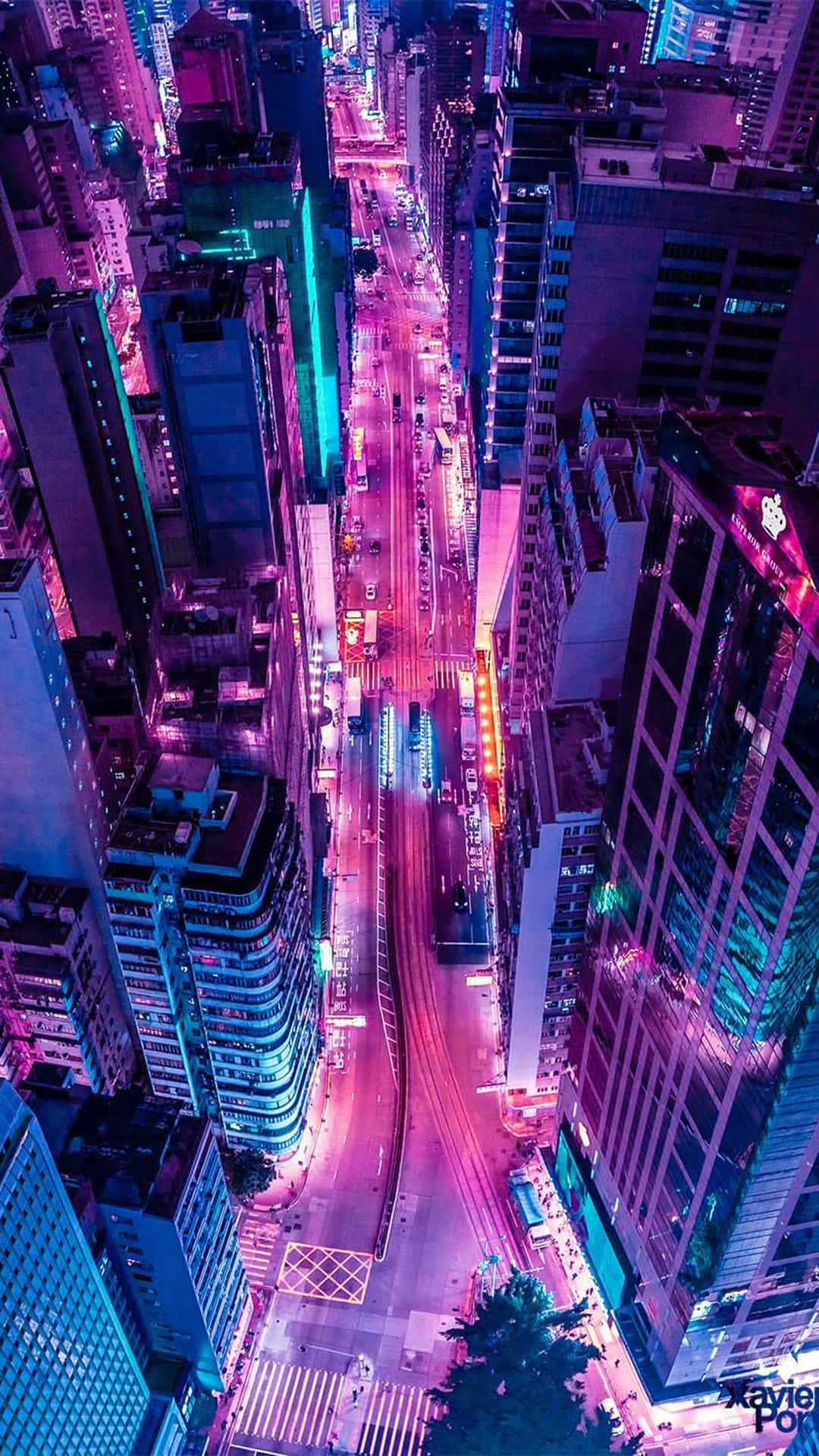 neon-lit city street, towering buildings, vibrant purple and blue hues, Full HD Phone Wallpaper
