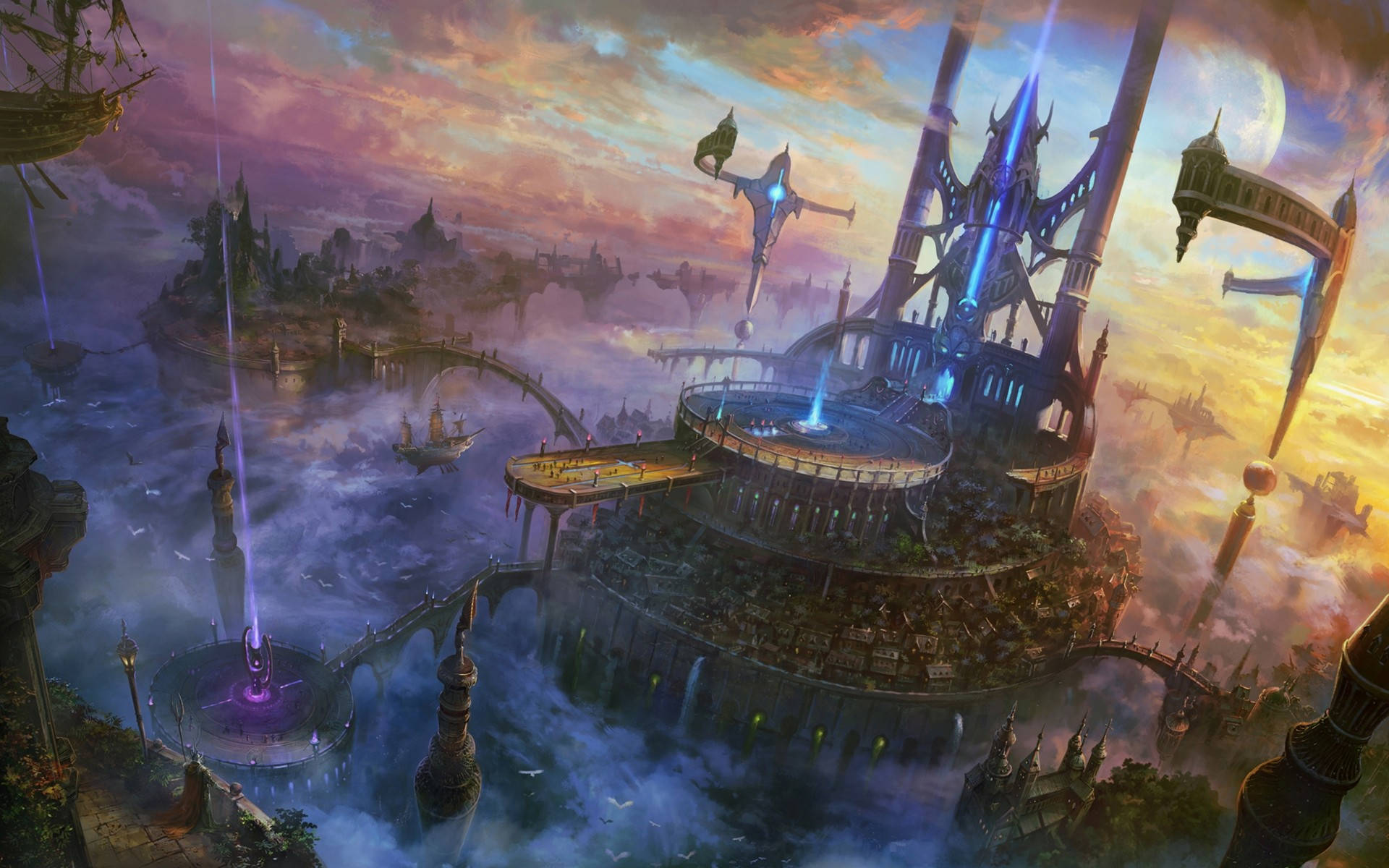 fantasy city, glowing towers, flying ships, Full HD Desktop Wallpaper