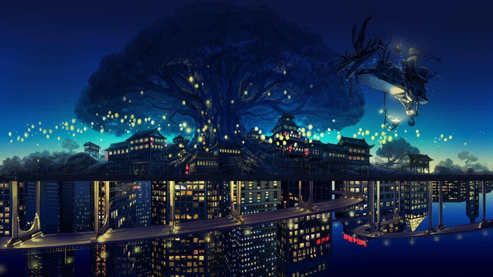 Aesthetic City, Native Town, glowing tree, Full HD Desktop Wallpaper