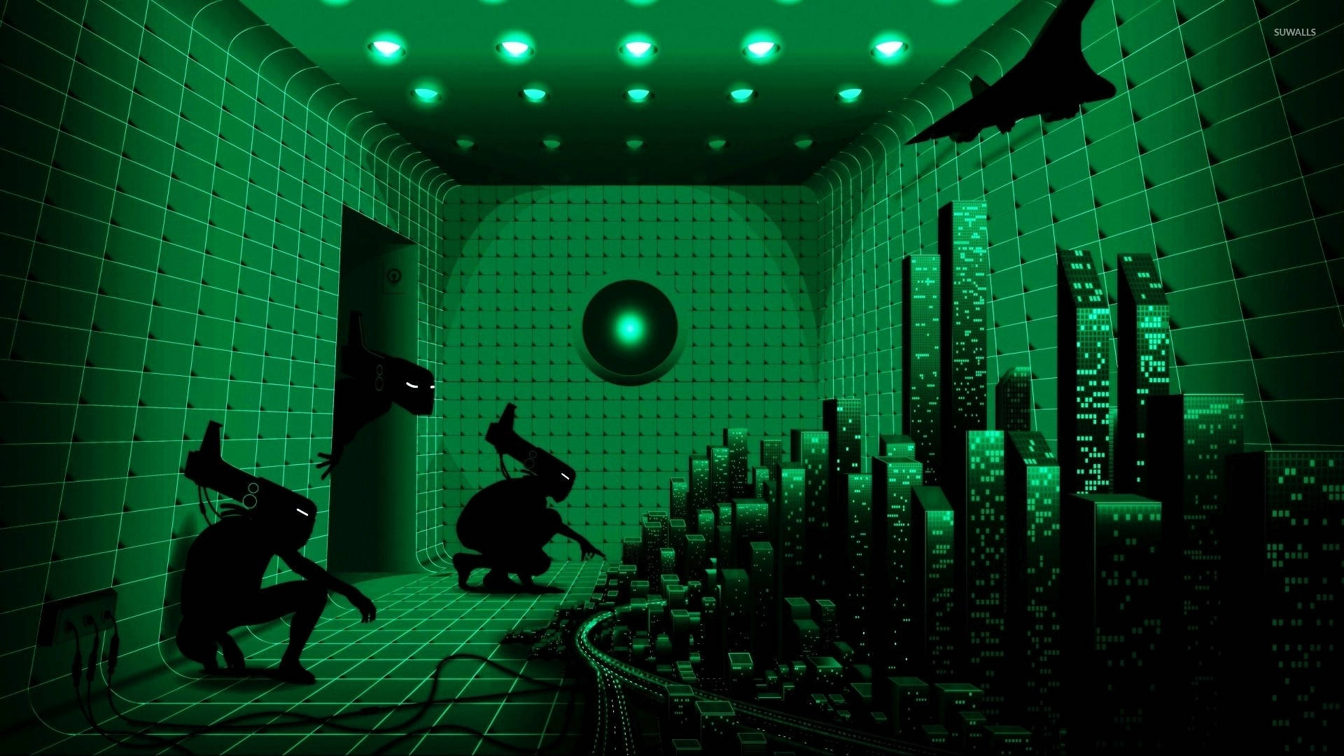 green-lit grid room, silhouetted figures, miniature cityscape, Full HD Desktop Wallpaper