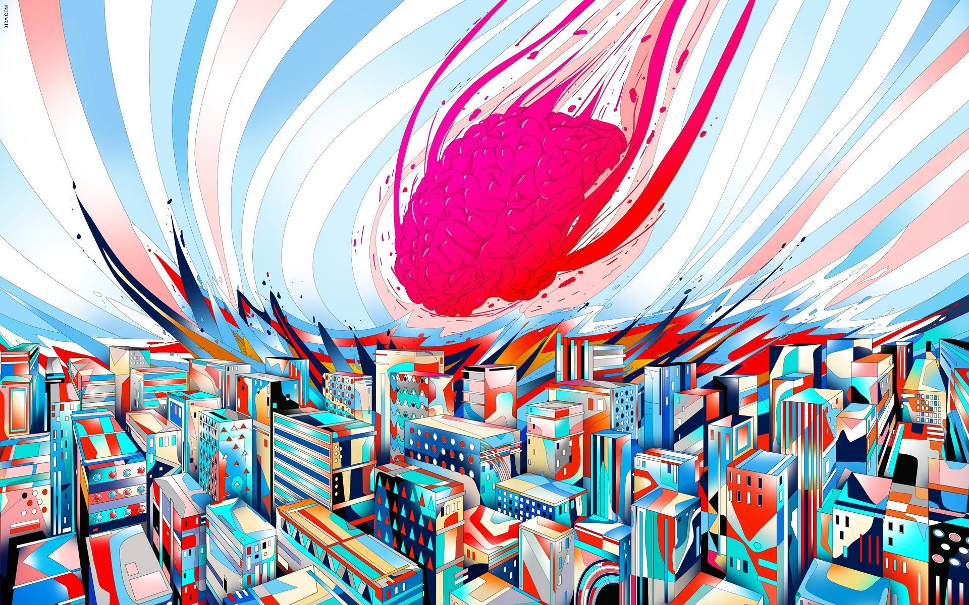 bright and trippy city art, vibrant digital-art cityscape, bold geometric buildings, Full HD Desktop Wallpaper