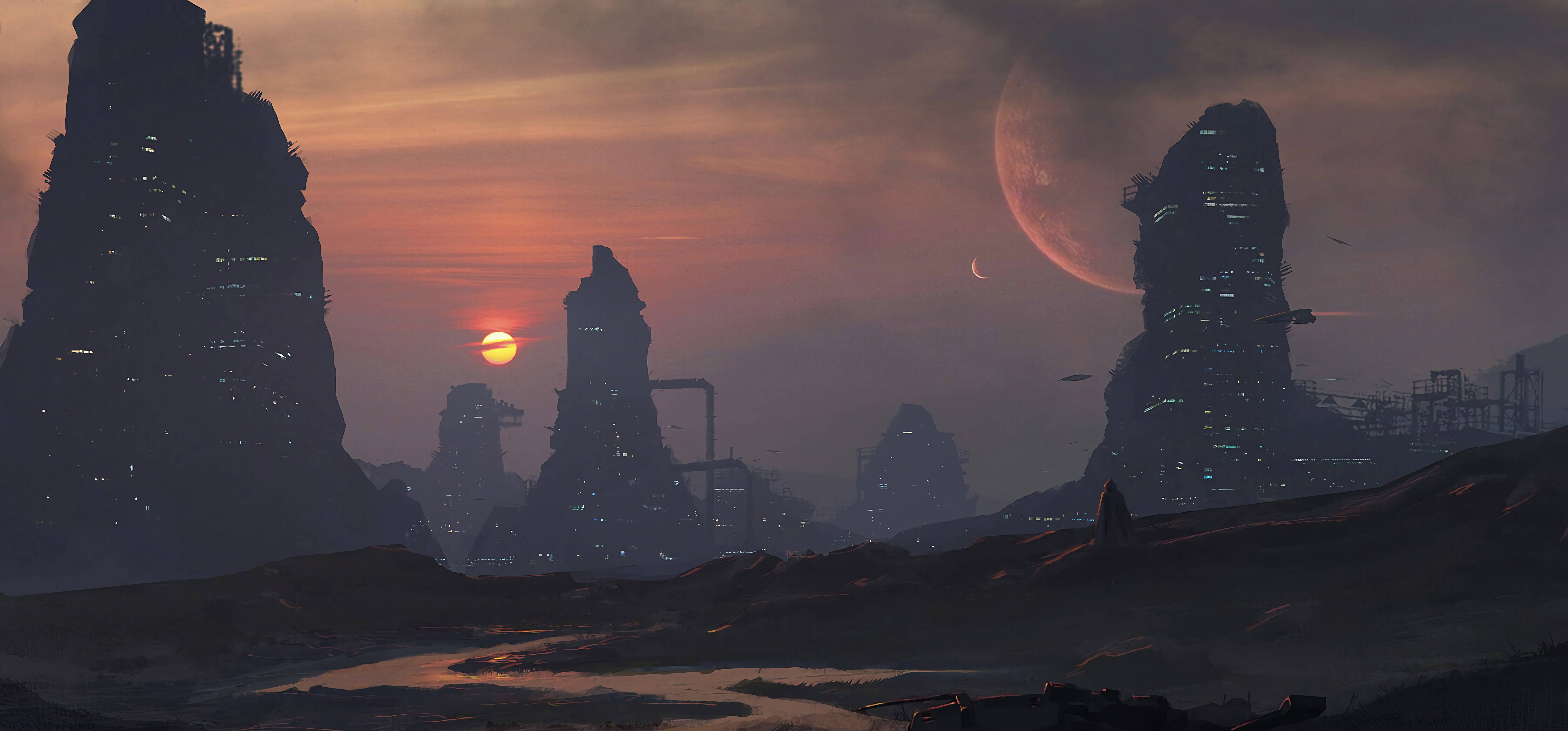 fantasy city, sunset, twilight sky, 5K Desktop Wallpaper