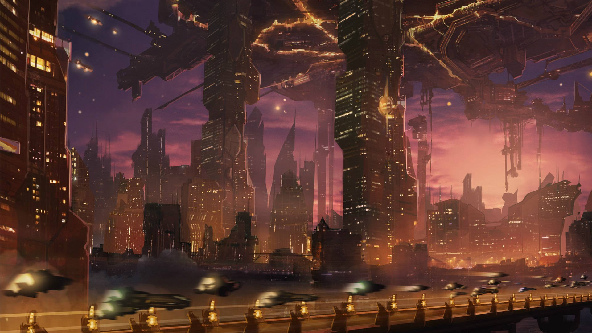 futuristic cityscape, dusk, towering skyscrapers, Full HD Desktop Wallpaper