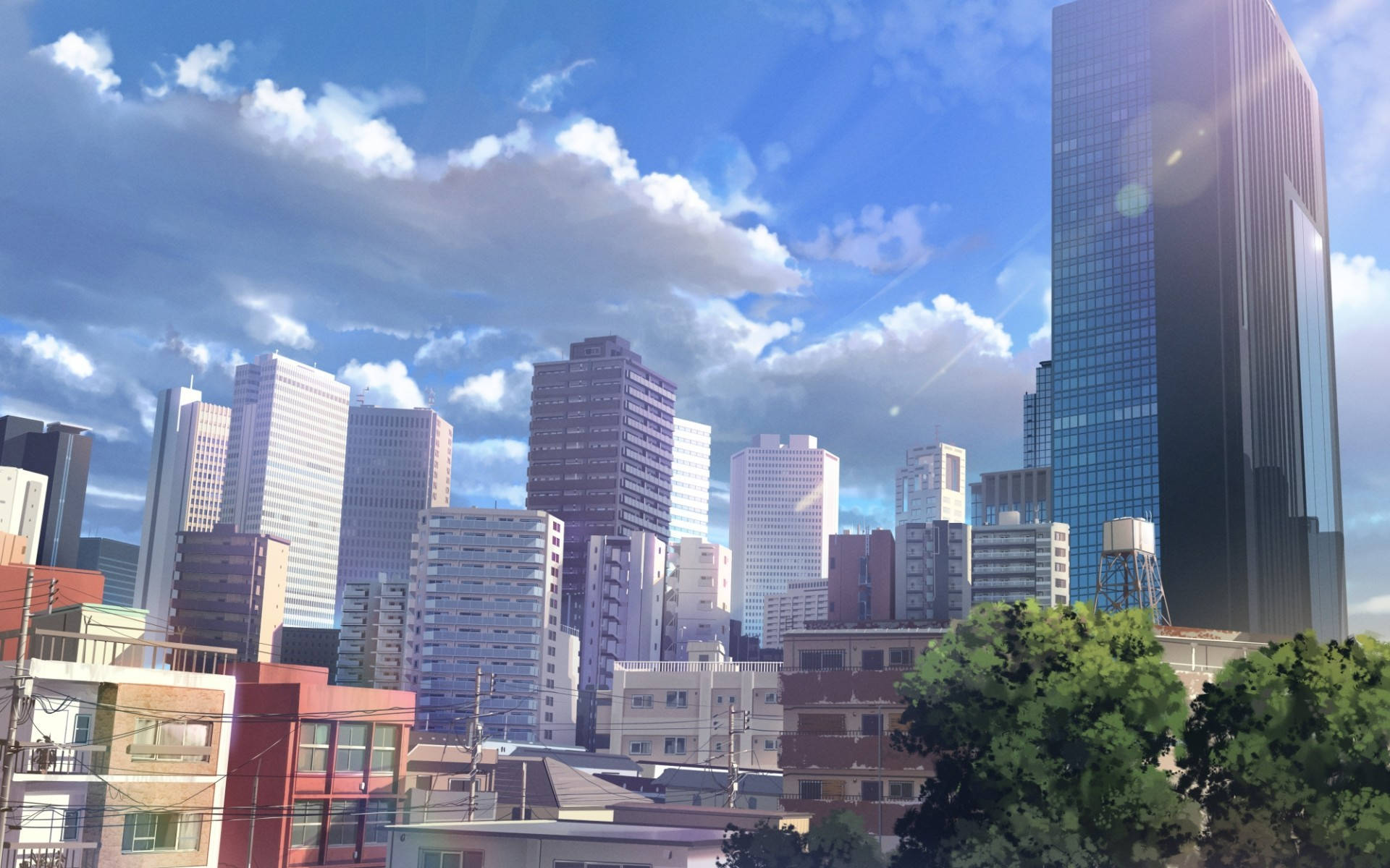 anime-style cityscape, towering skyscrapers, lush green trees, Full HD Desktop Wallpaper
