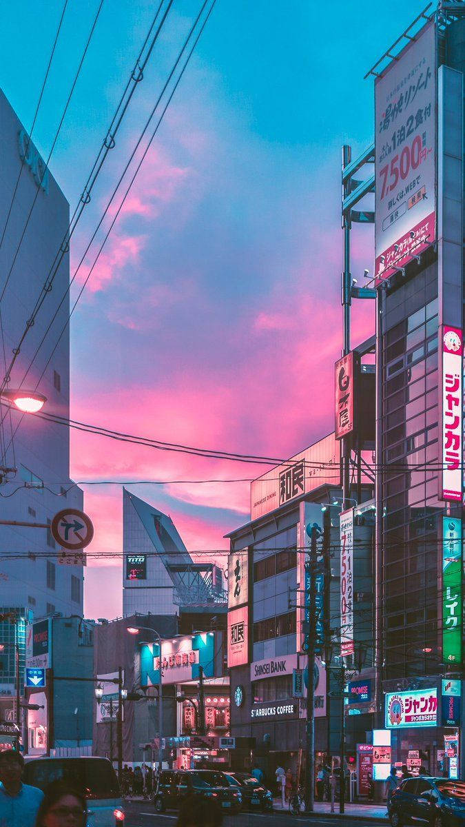80s anime aesthetic, pink sky, neon signs, SD Phone Wallpaper
