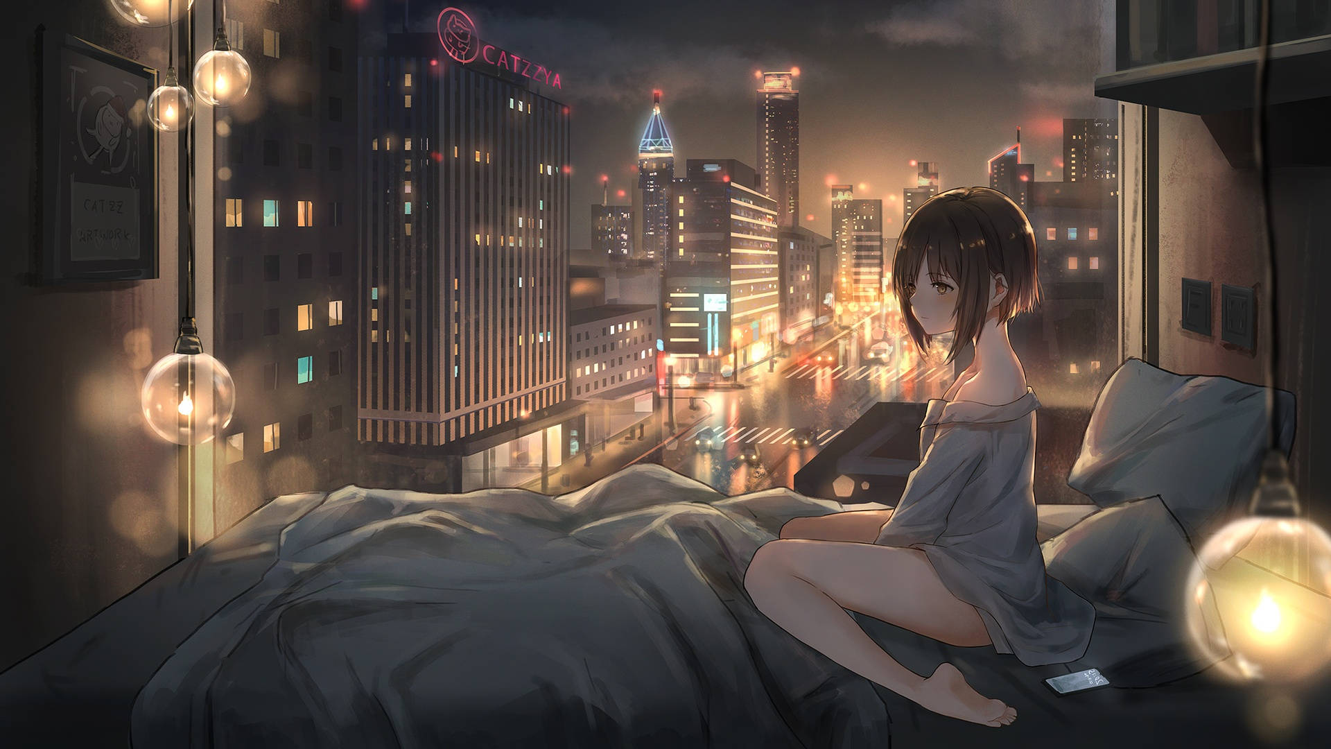anime girl, neon-lit cityscape, night, Full HD Desktop Wallpaper