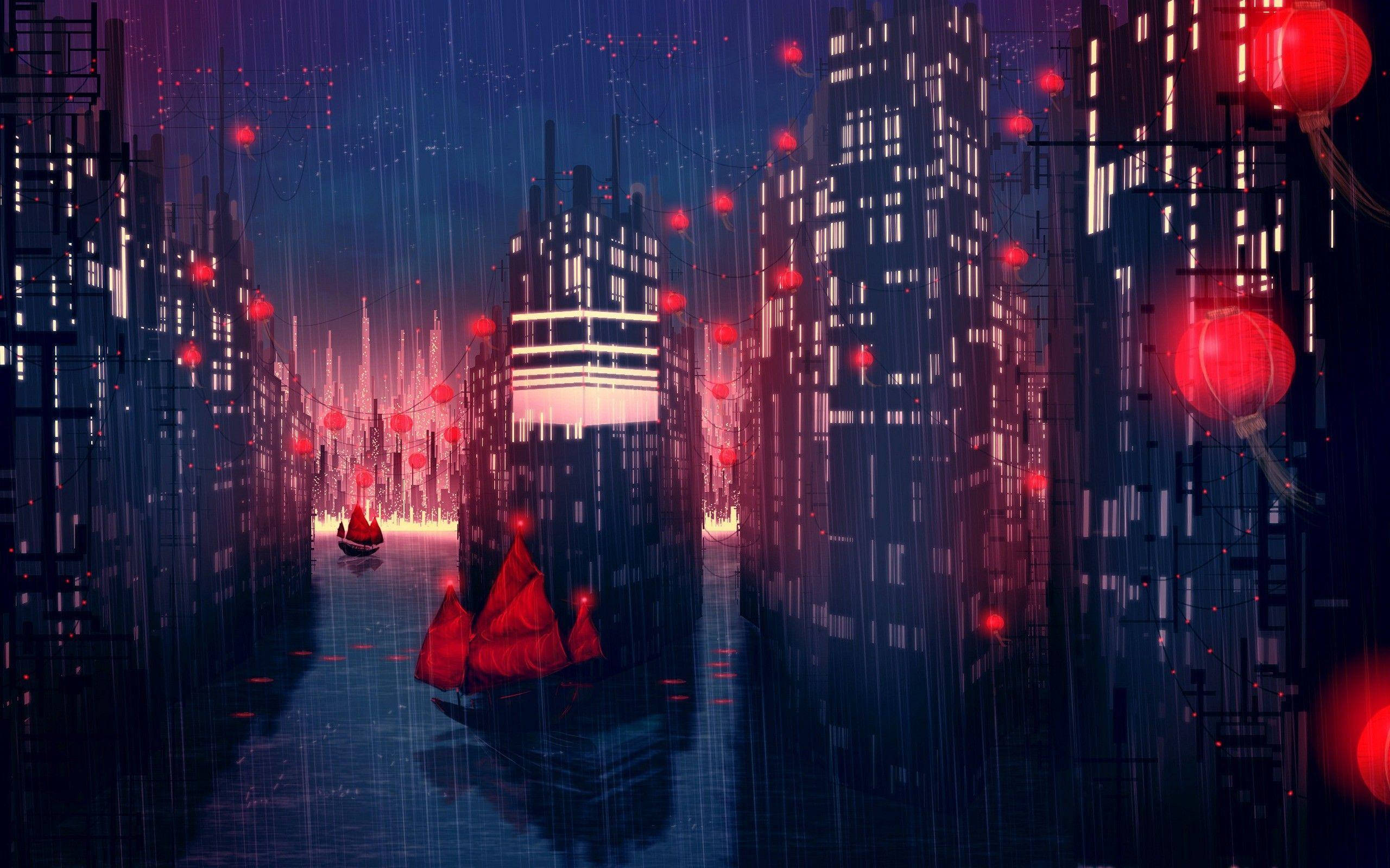 futuristic cityscape, night, glowing red lanterns, 2K Desktop Wallpaper