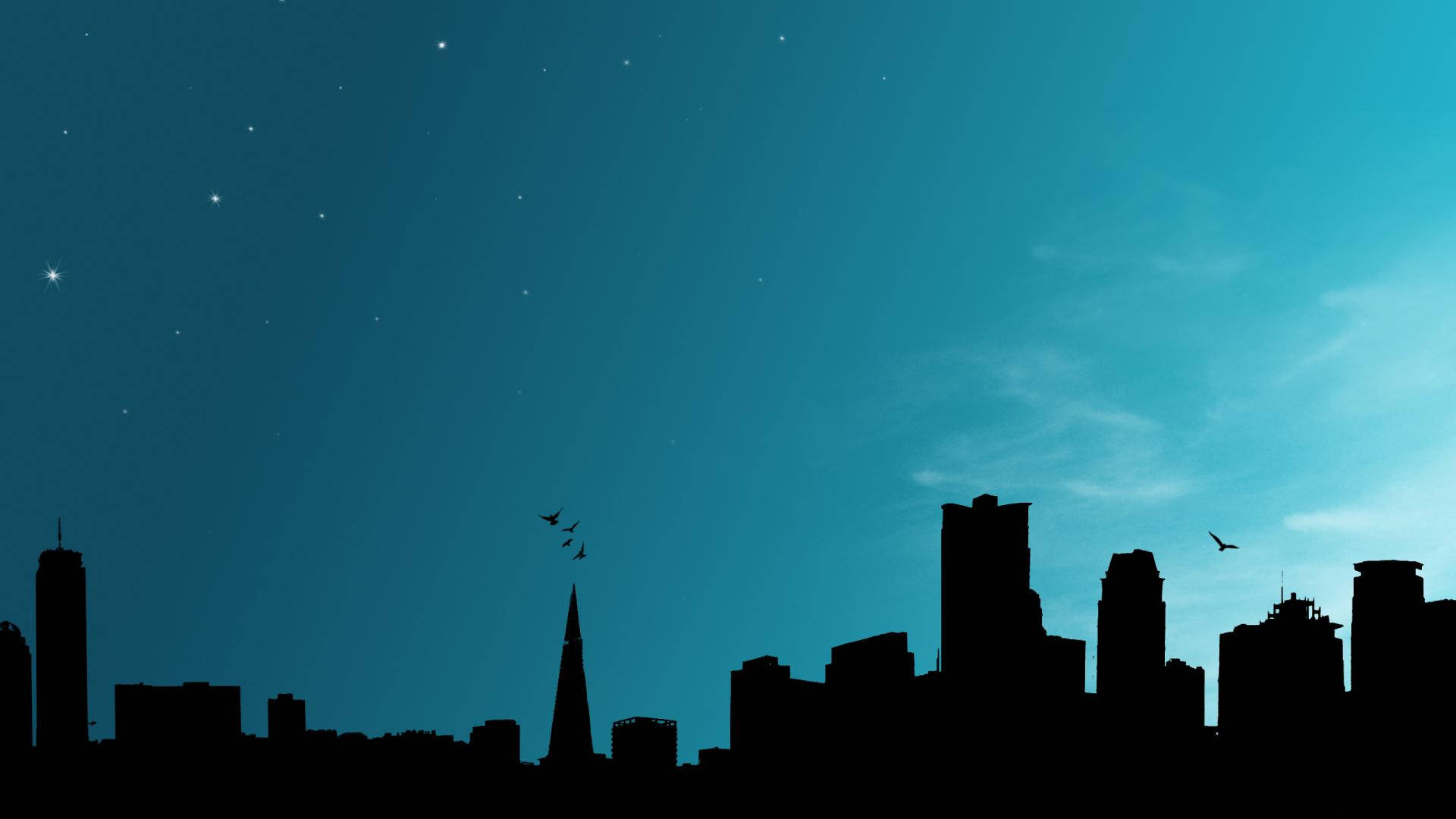 blue silhouette skyline, teal night sky, stars, Full HD Desktop Wallpaper