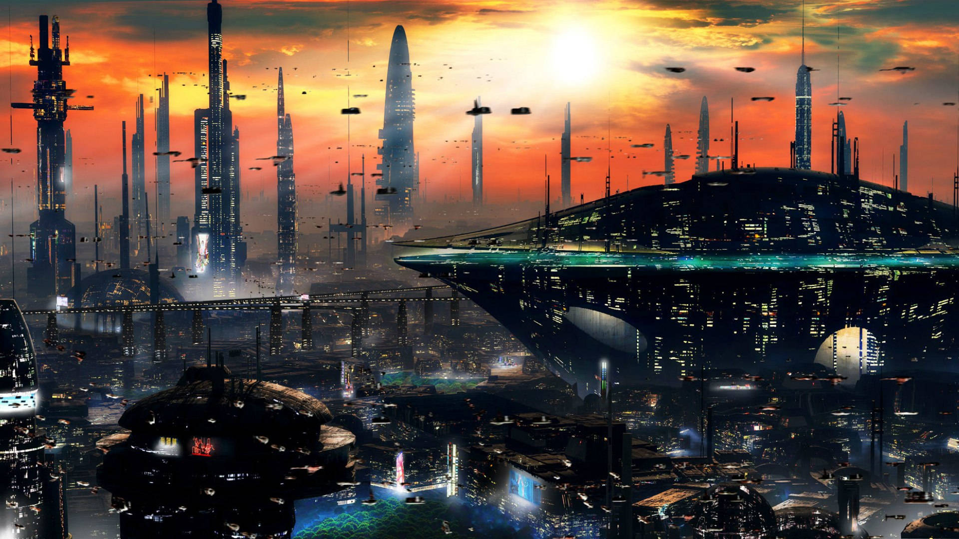 sci fi city art, futuristic cityscape, sunset, Full HD Desktop Wallpaper