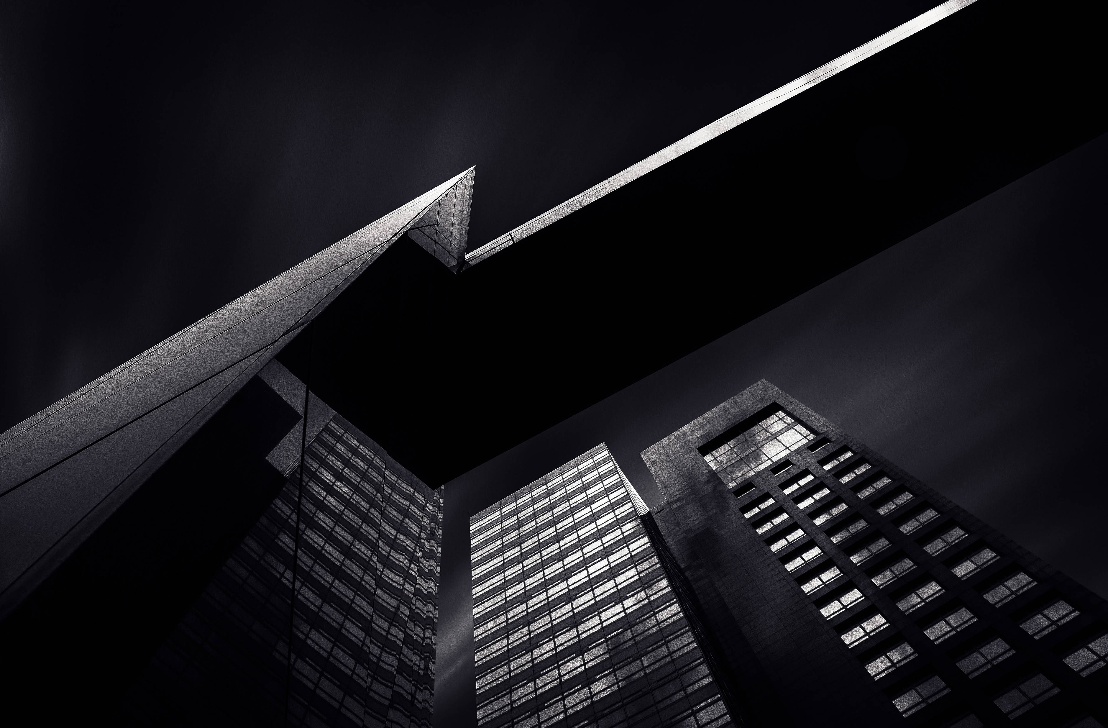 black and white, skyscrapers, dark sky, 2K Desktop Wallpaper
