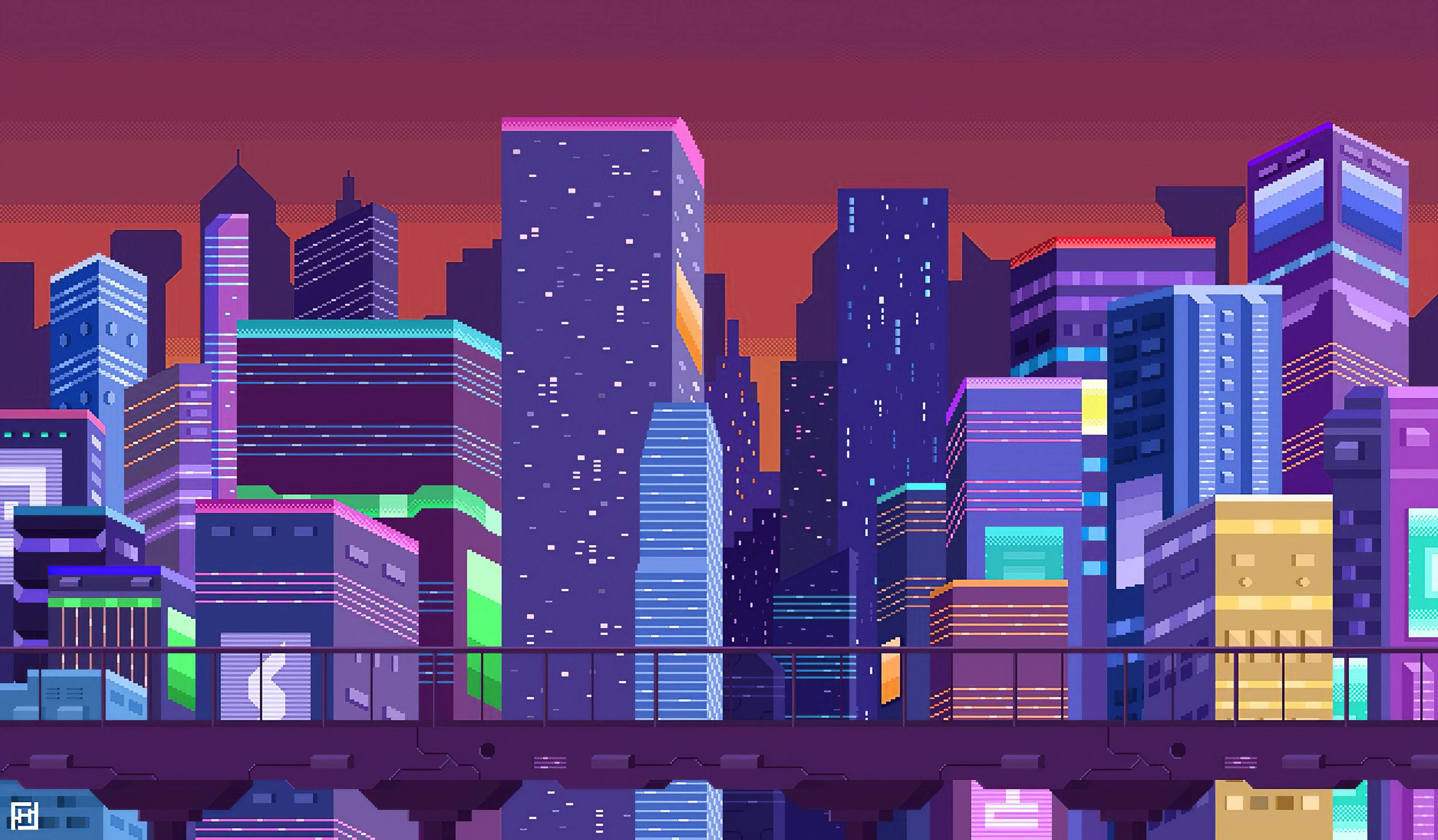 pixel art, cityscape, twilight, 4K Desktop Wallpaper