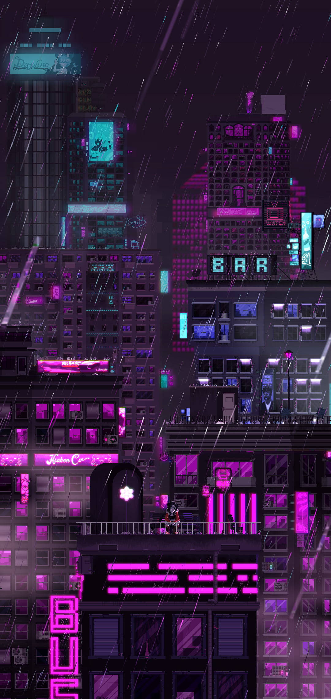 purple neon, cyberpunk cityscape, night, Full HD Phone Wallpaper