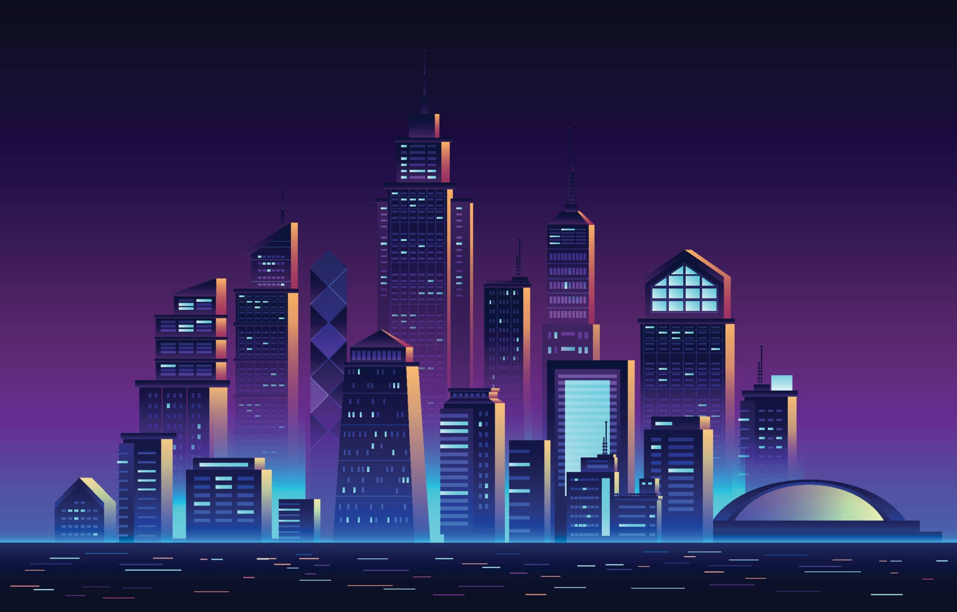 futuristic skyline, neon-lit city skyline, glowing skyscrapers, Full HD Desktop Wallpaper