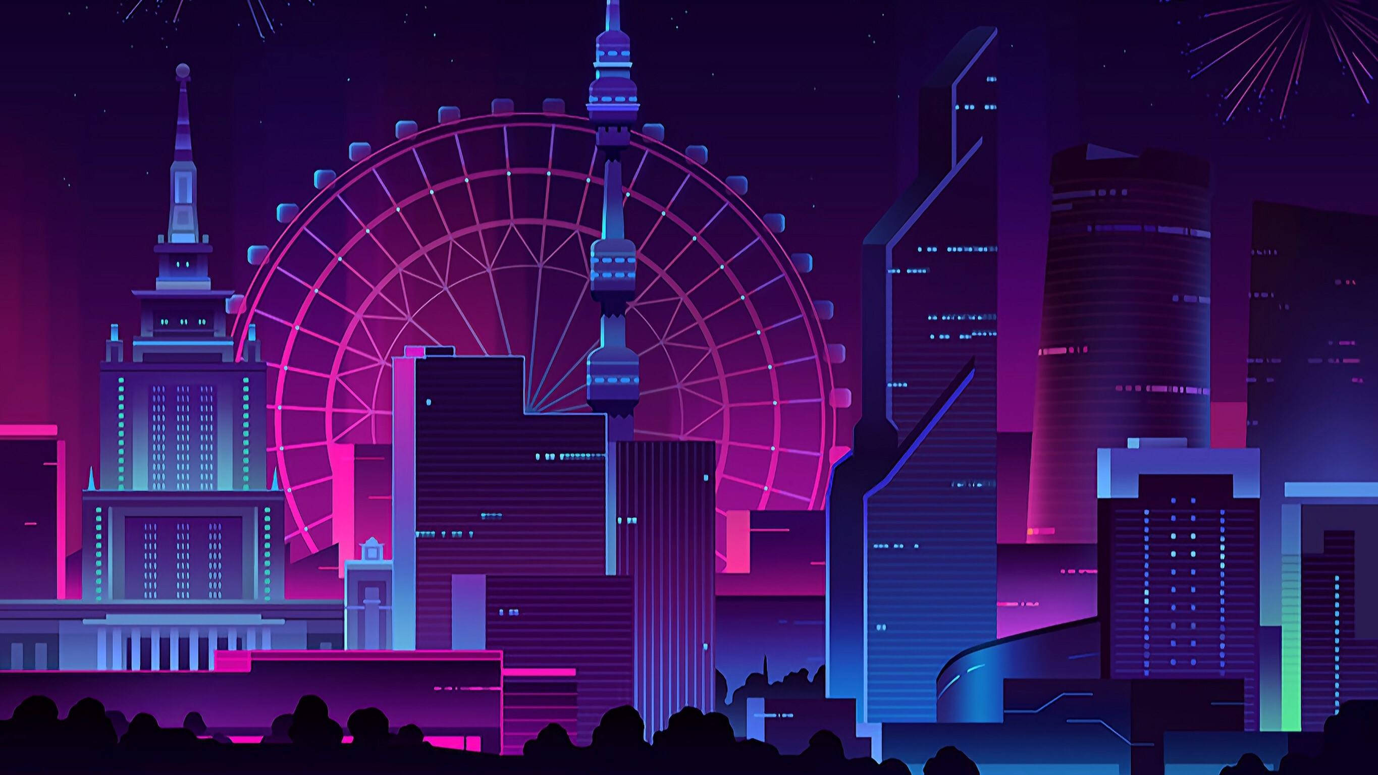 neon cityscape, glowing pink Ferris wheel, futuristic skyscrapers, 2K Desktop Wallpaper