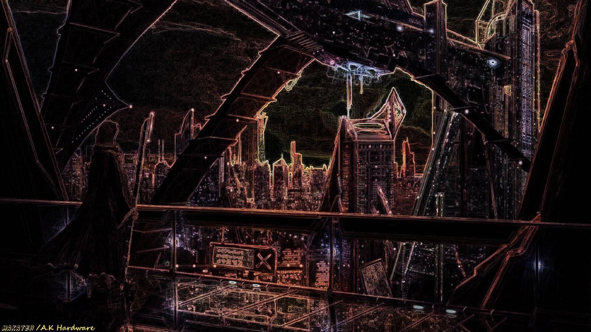 futuristic cityscape, broken window, neon lights, Full HD Desktop Wallpaper