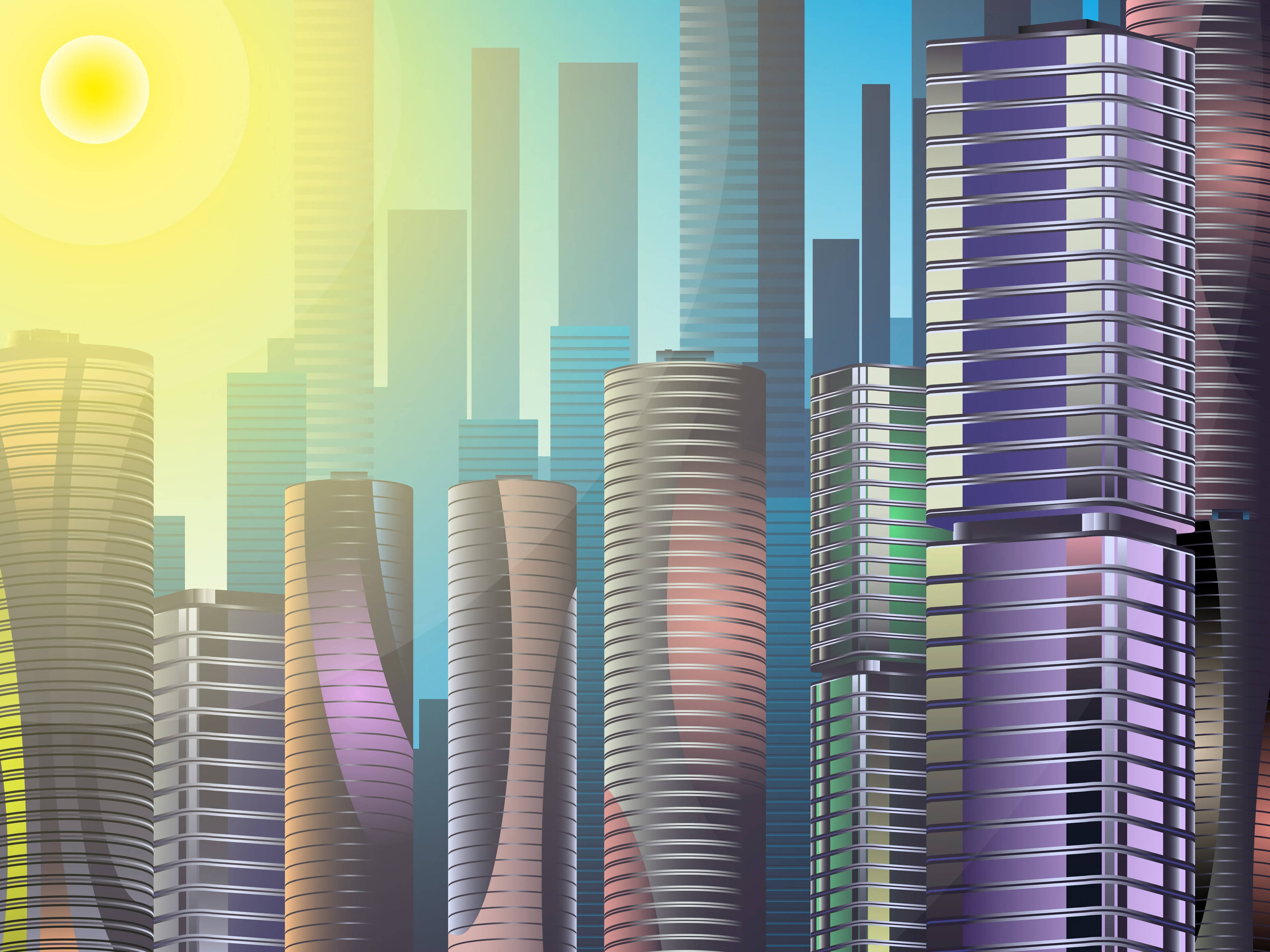 Colorful City Art, vibrant stylized cityscape, colorful curved skyscrapers, 4K Desktop Wallpaper