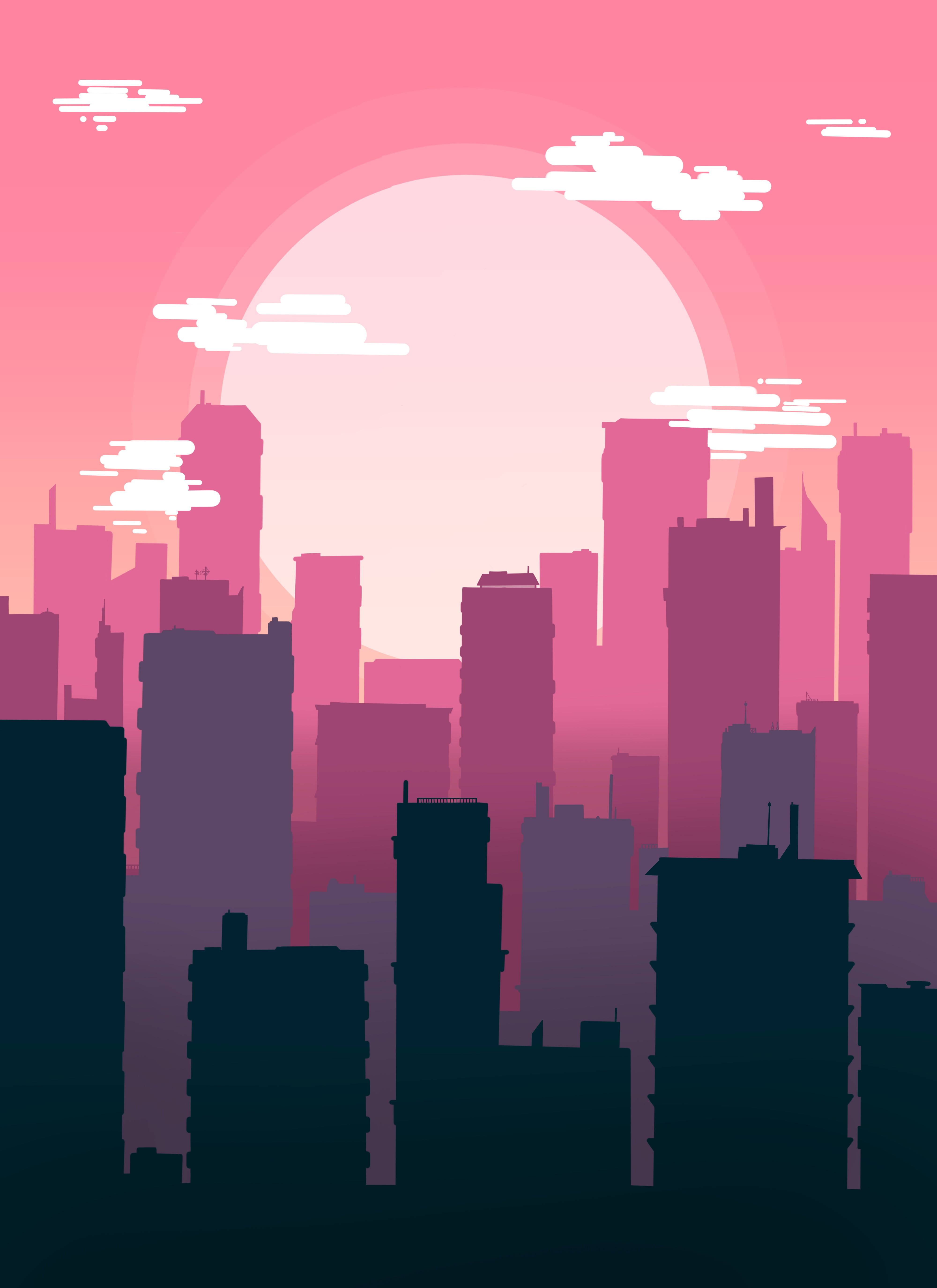 city skyline, sunset, pink and purple gradients, 5K Phone Wallpaper
