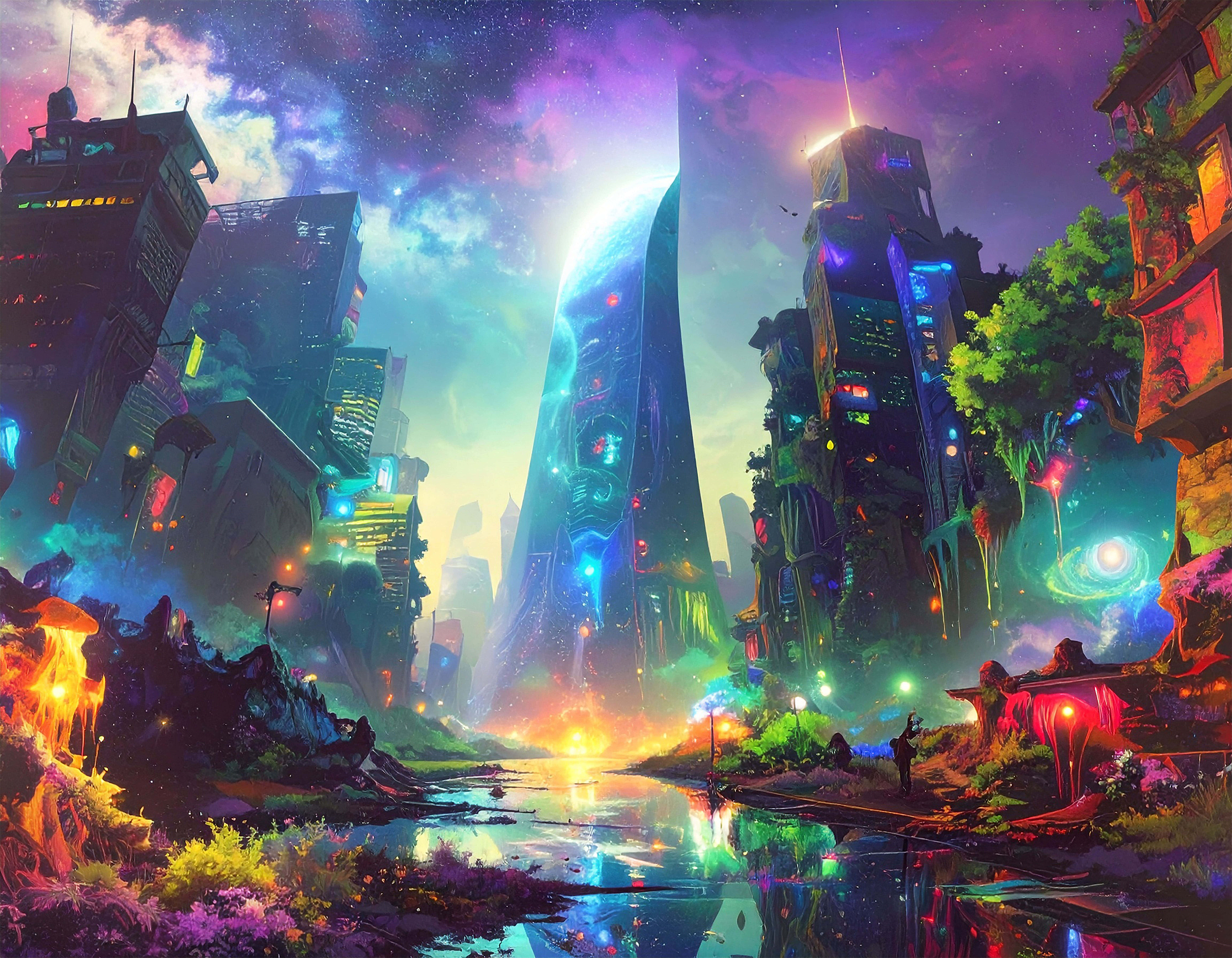 neon-drenched cyberpunk cityscape, twilight, glowing skyscrapers, 8K Desktop Wallpaper