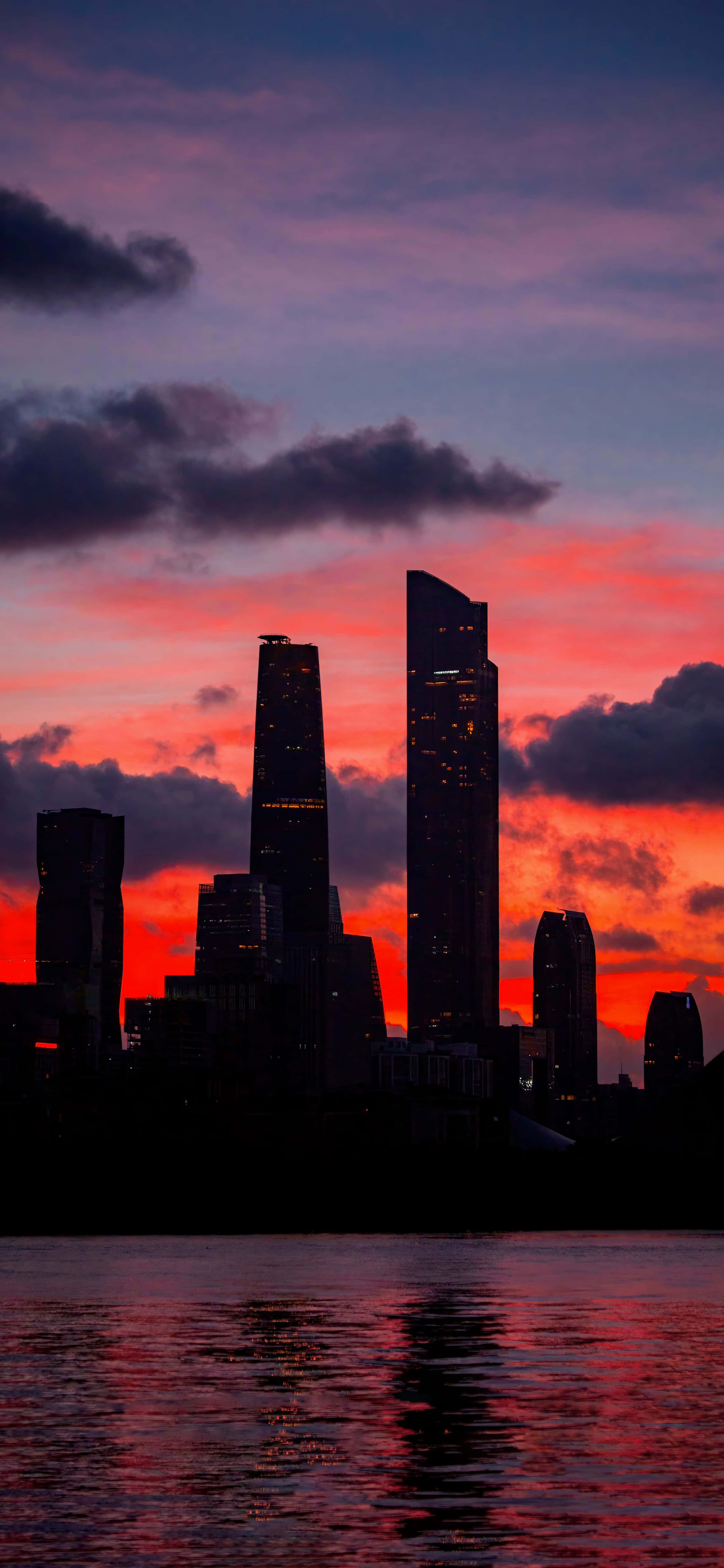 Dark city towers, sunset, calm water, 5K Phone Wallpaper