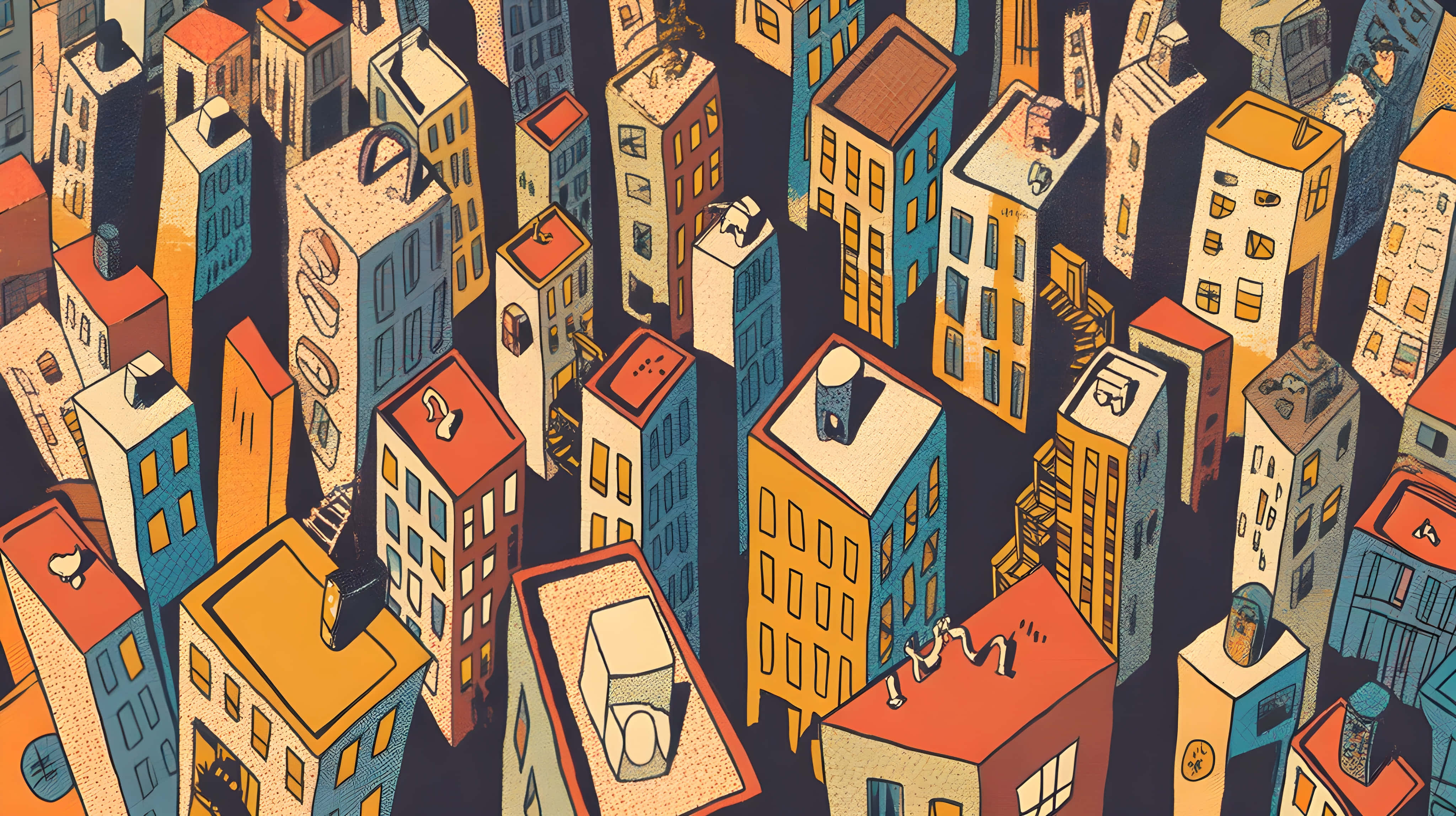 vintage, isometric, urban cityscape, 4K Desktop Wallpaper