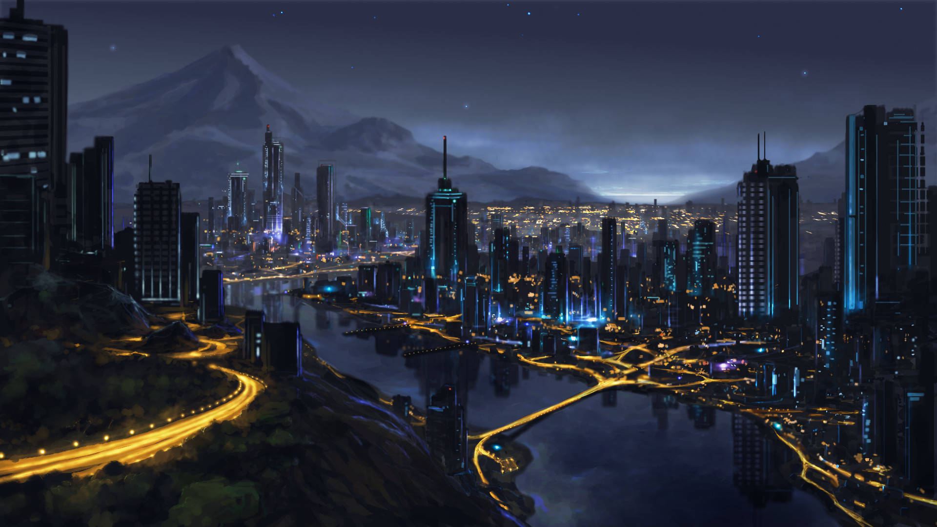 futuristic city, glowing skyscrapers, winding highways, Full HD Desktop Wallpaper