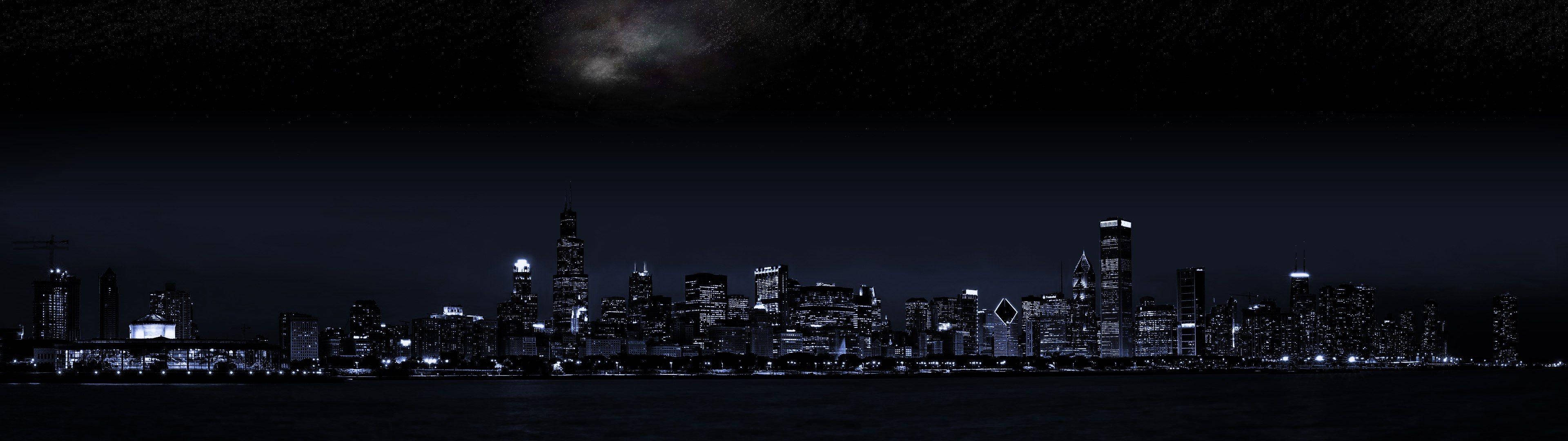 Panorama Urban City At Night, dark aesthetic, glowing skyscrapers, 4K Desktop Wallpaper