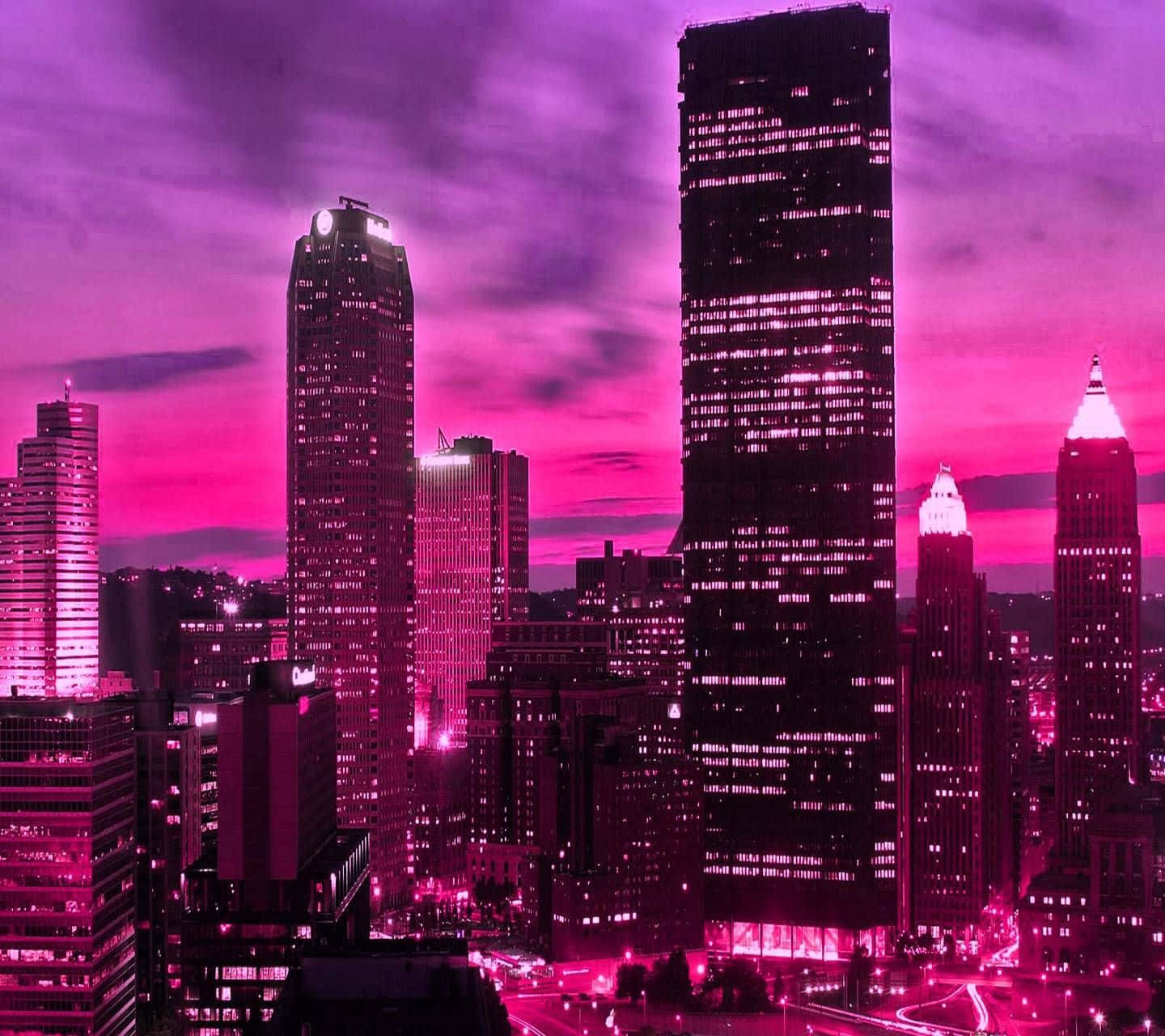 Neon City Buildings, electric pink, purple hues, HD Desktop Wallpaper