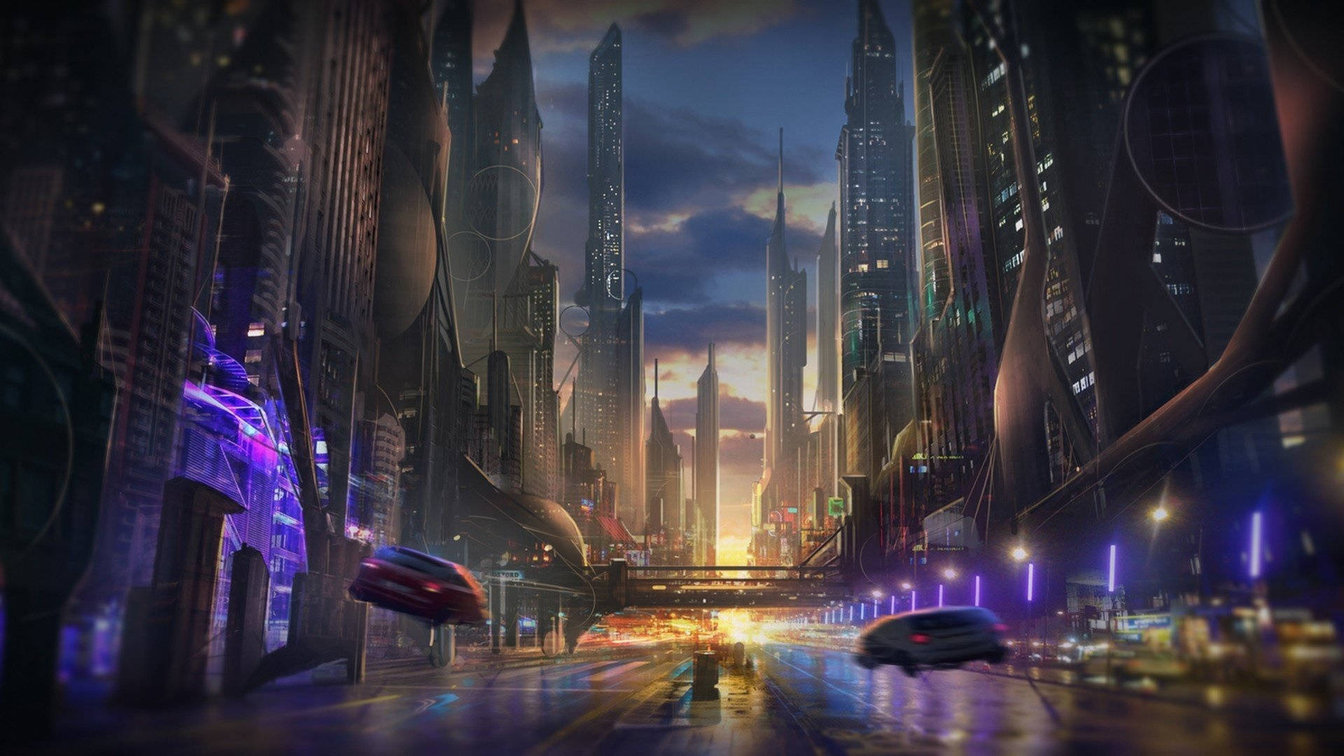 futuristic cityscape, towering skyscrapers, purple and orange sky, Full HD Desktop Wallpaper