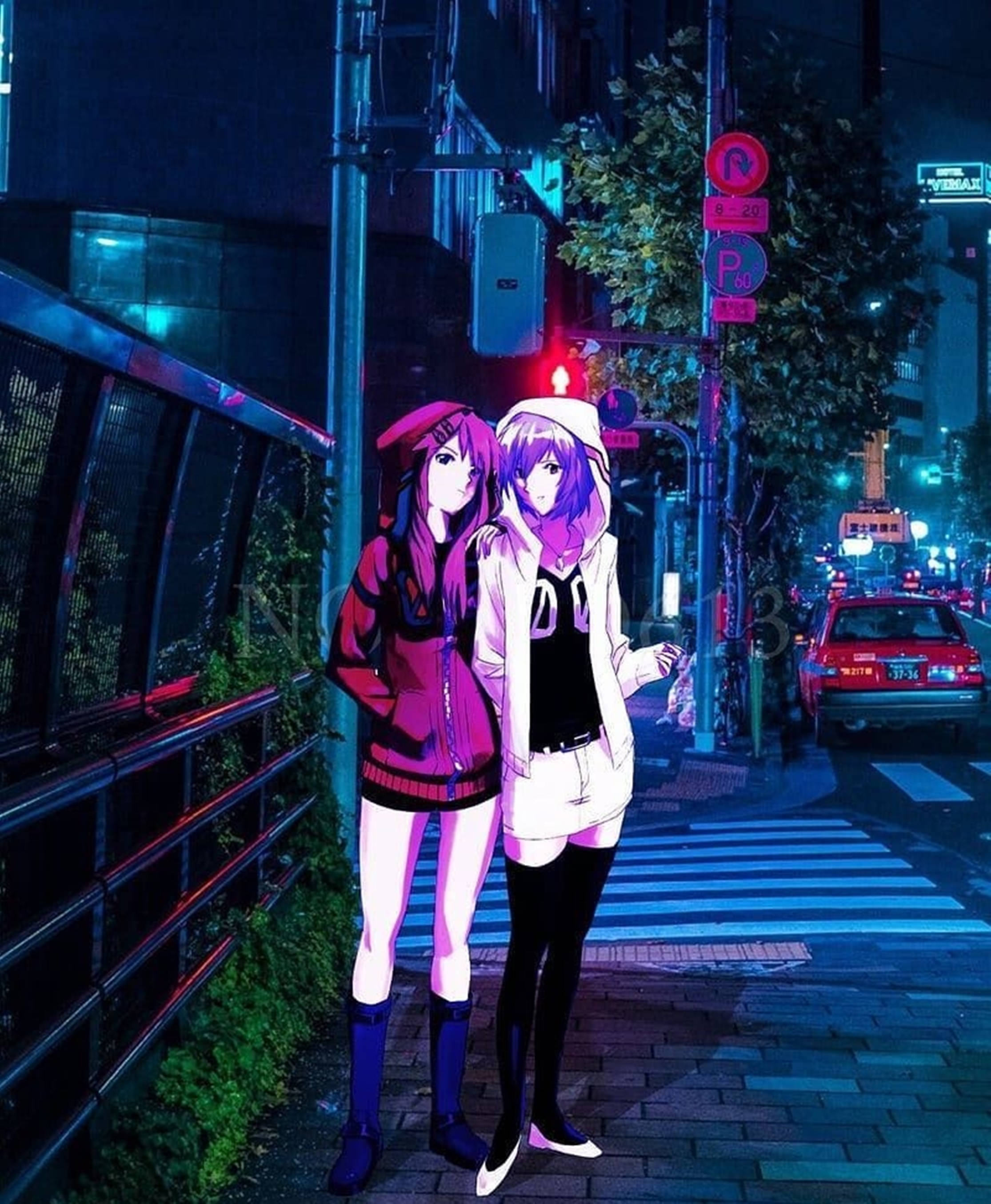 Lo-Fi Anime Girl, night city, neon-drenched city sidewalk, 2K Phone Wallpaper