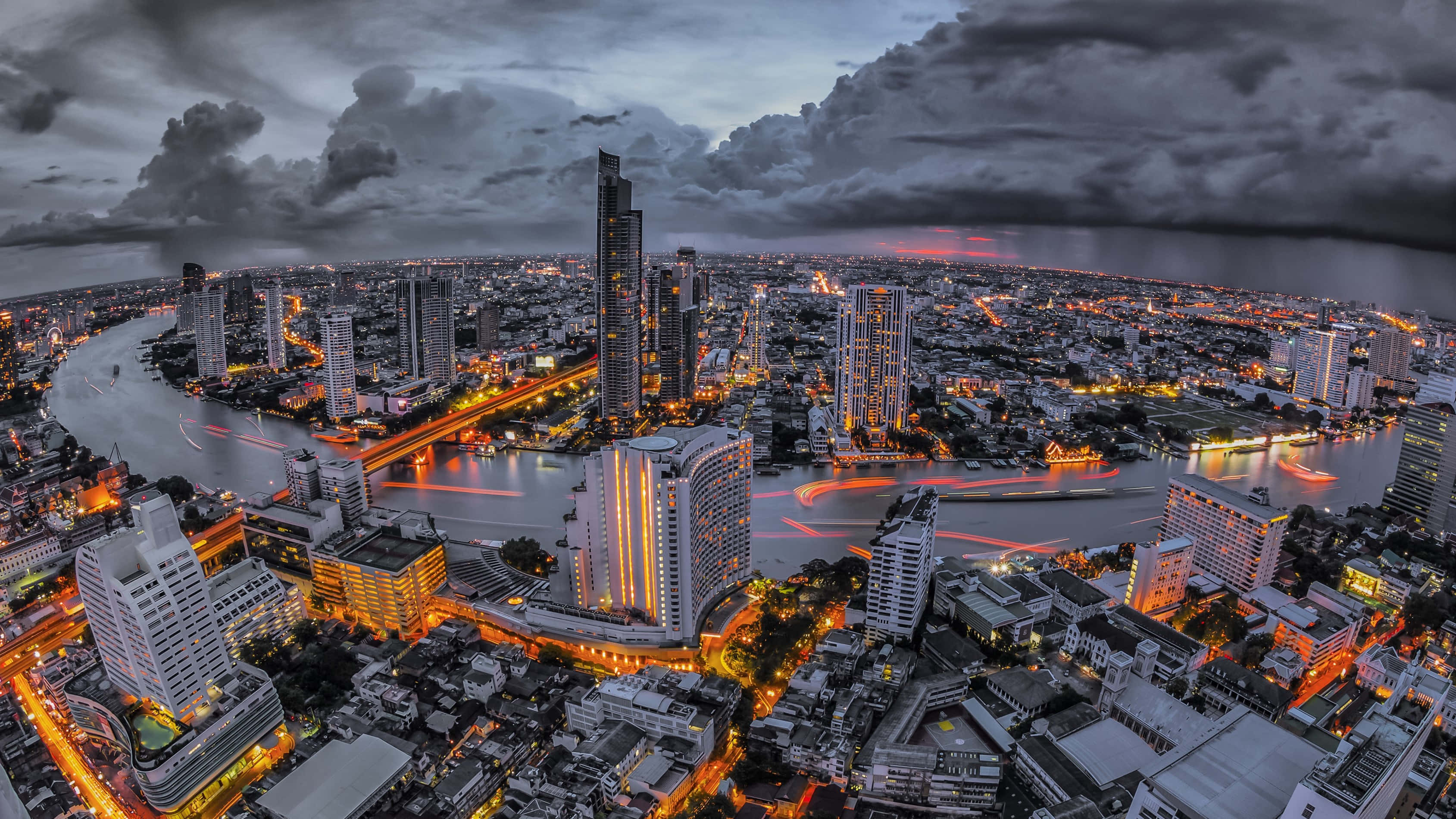 city skyline, dusk, glowing lights, 2K Desktop Wallpaper