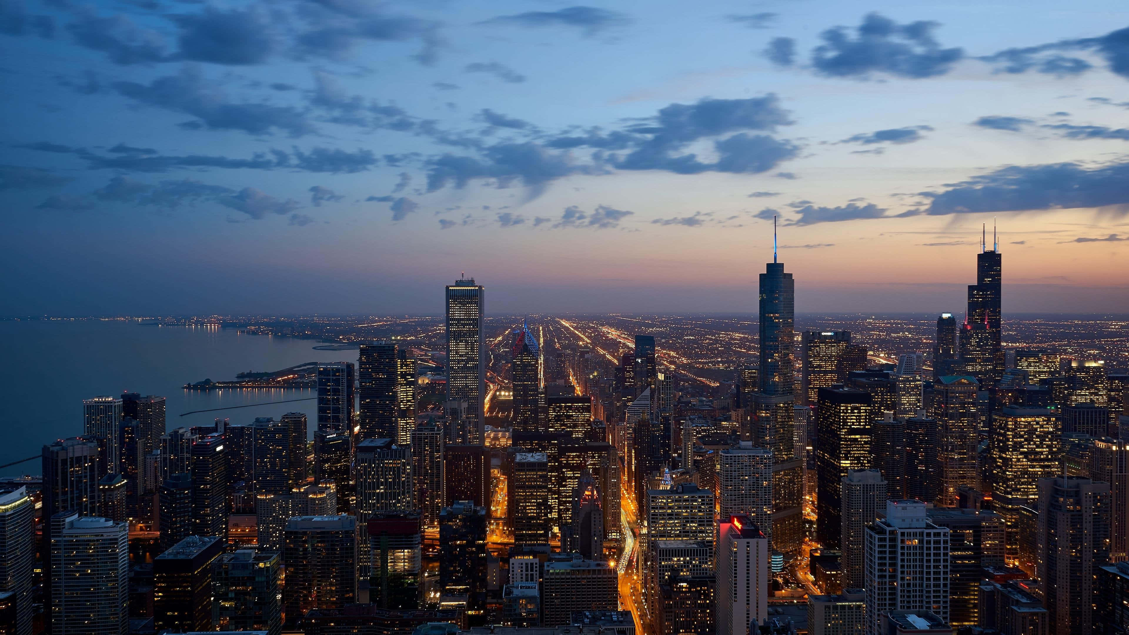 city skyline, sunset, illuminated skyscrapers, 4K Desktop Wallpaper