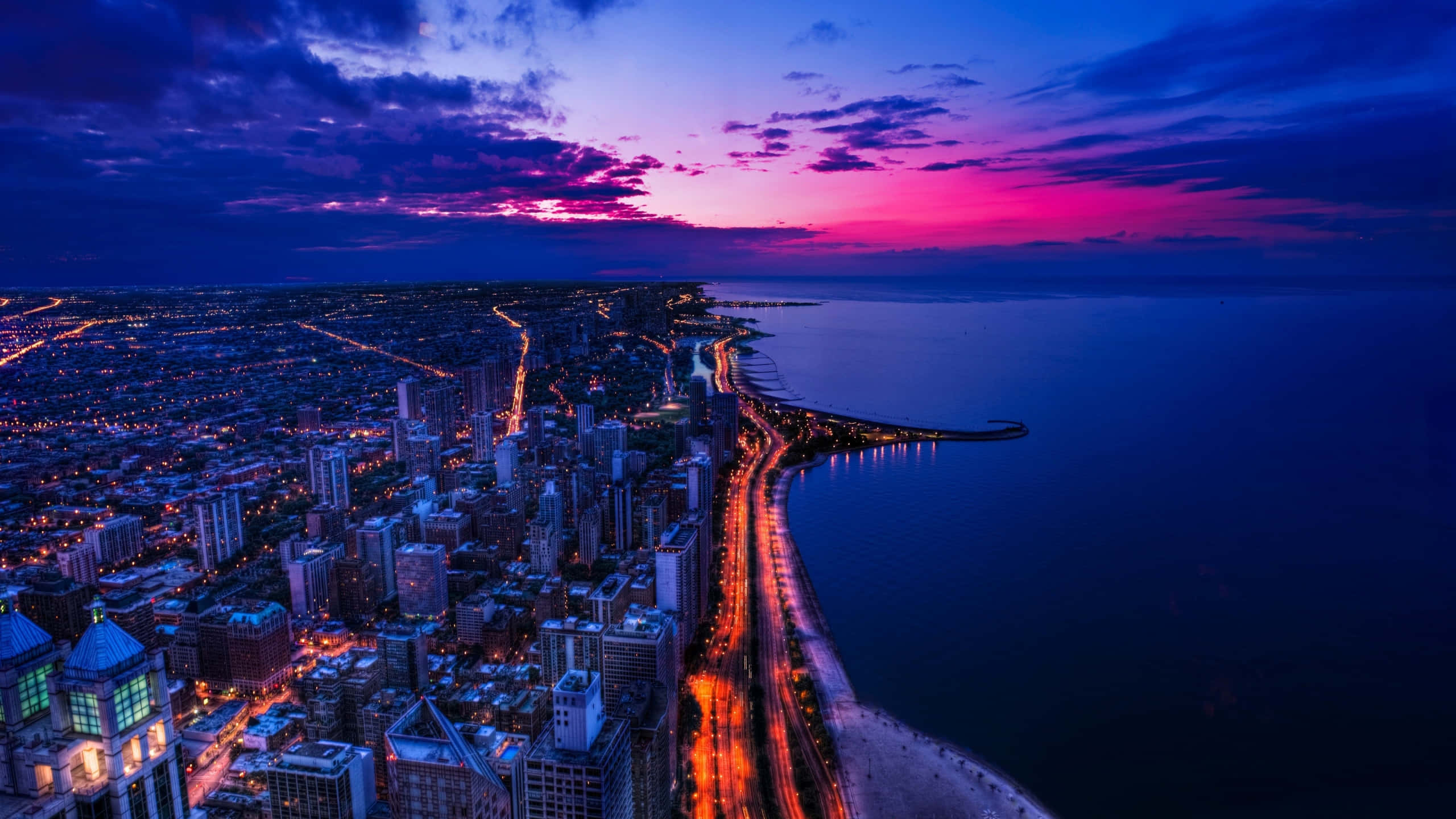 Night Sky, coastal city, twilight, 2K Desktop Wallpaper