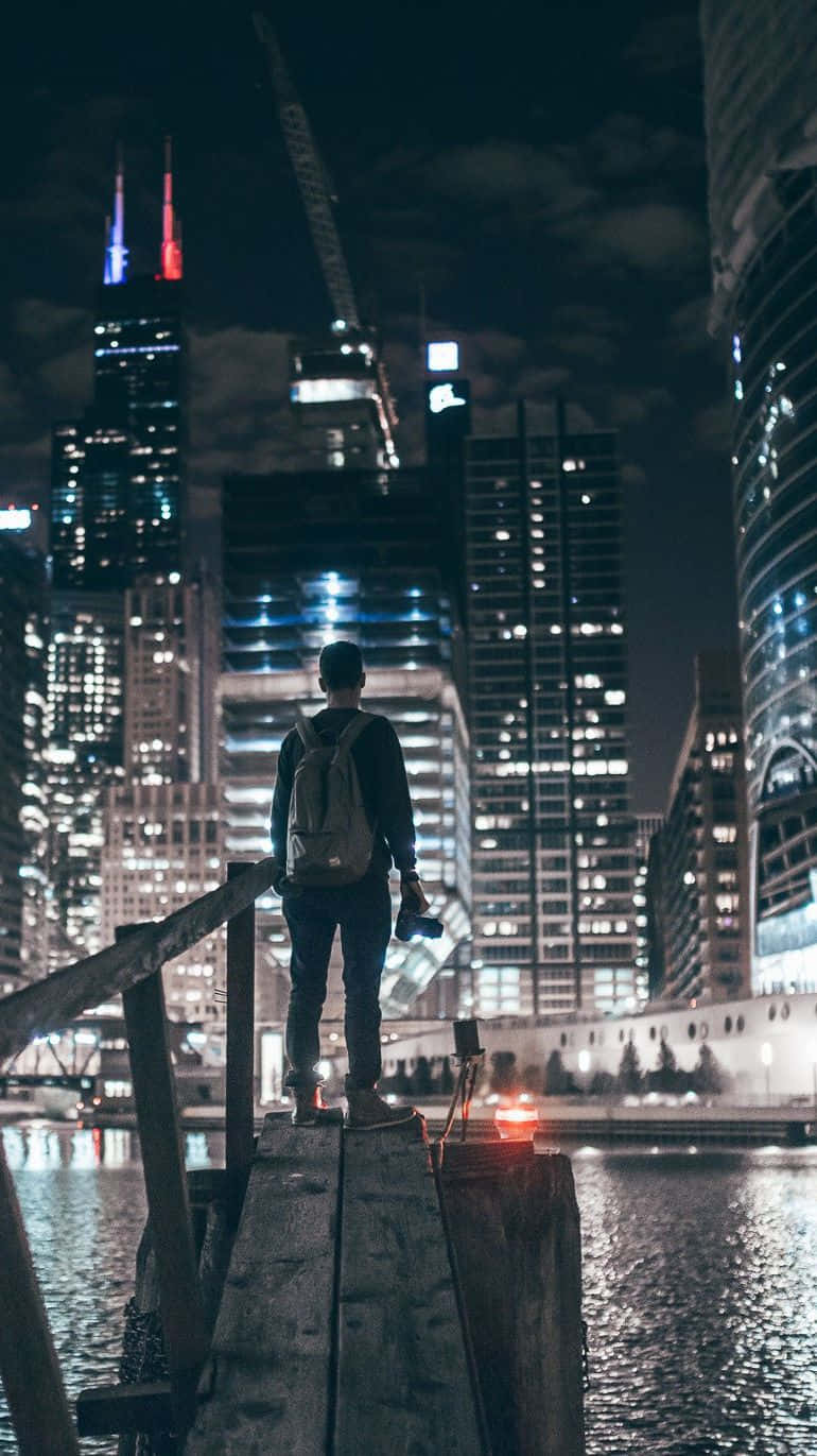 City iPhone, night, wooden pier, HD Phone Wallpaper