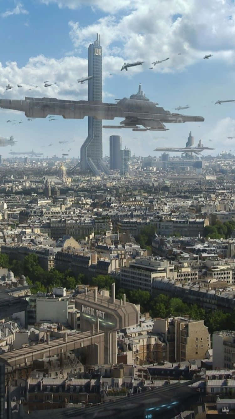 City iPhone, futuristic flying warships, sprawling cityscape, HD Phone Wallpaper
