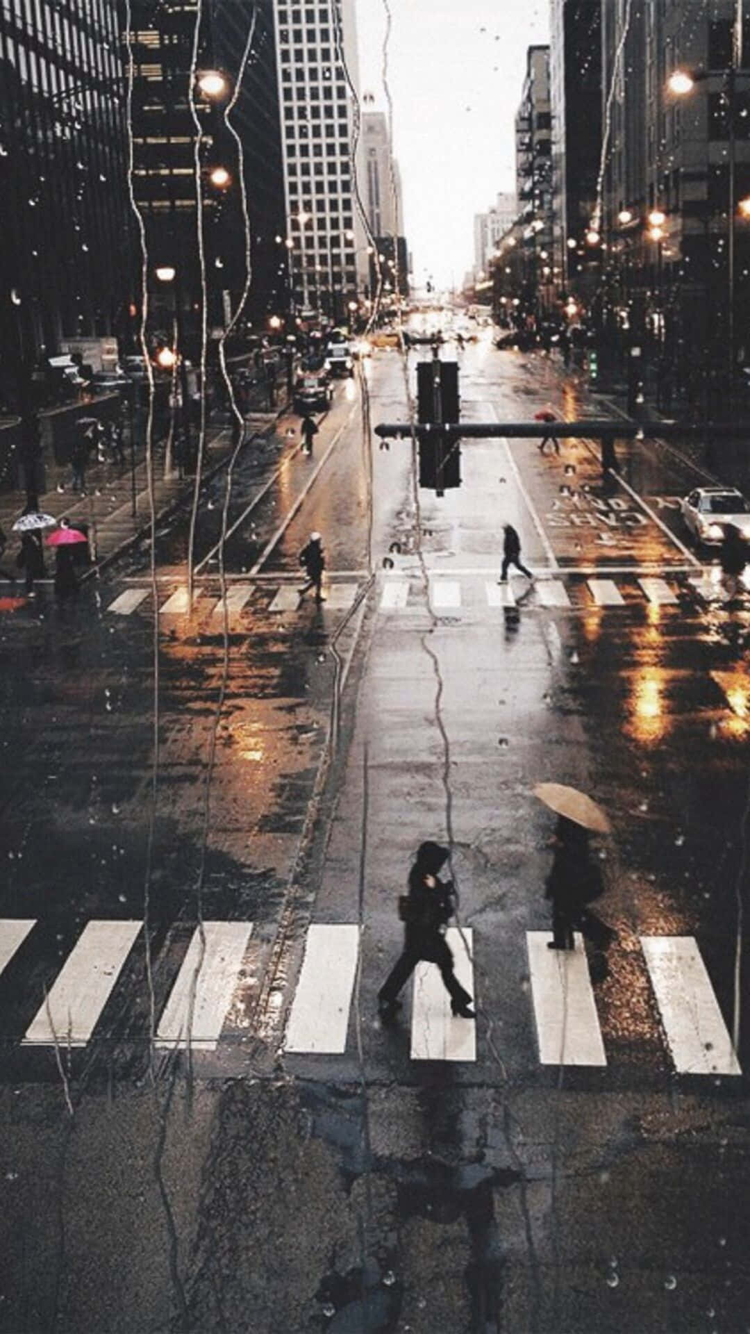 City iPhone, rain-slicked city street, dusk, Full HD Phone Wallpaper