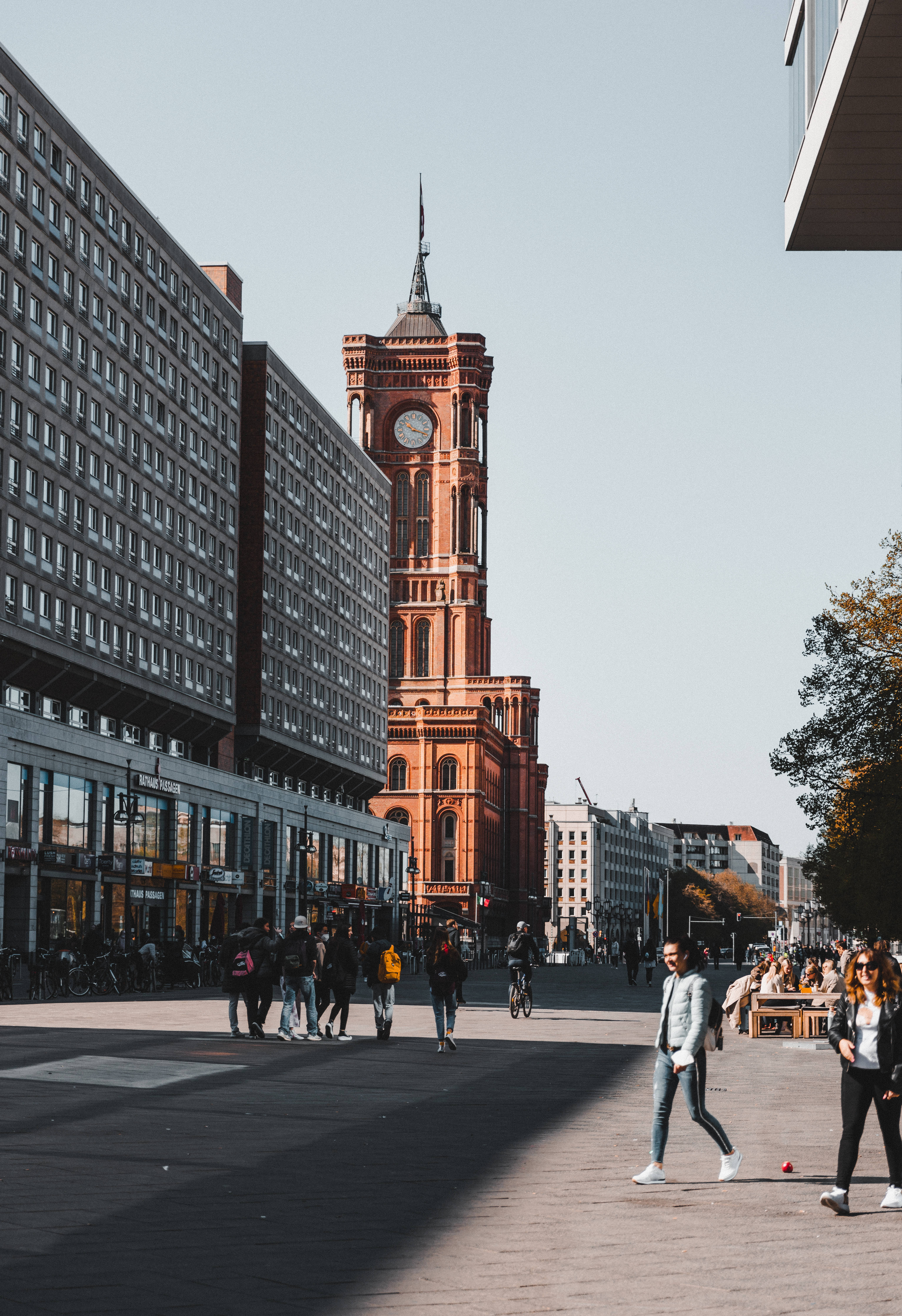 city life, urban plaza, red brick clock tower, 5K Phone Wallpaper
